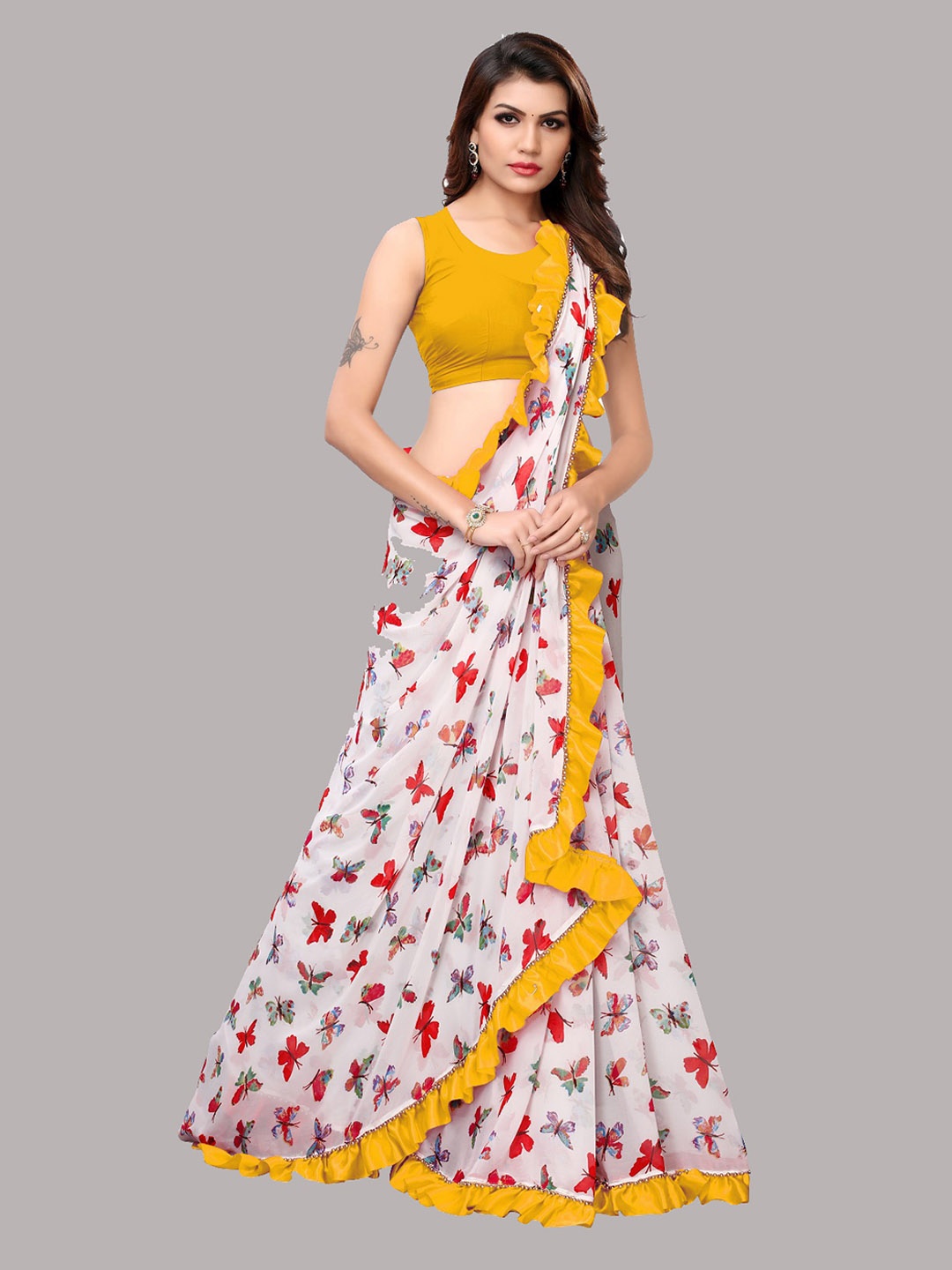 

Fashionuma Women Yellow & White Floral Pure Georgette Saree