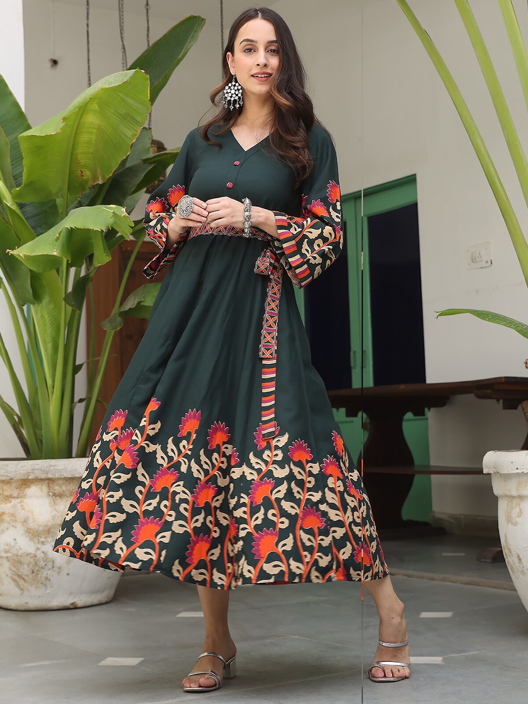 

Rustorange Green Floral Rayon A-Line Midi Dress