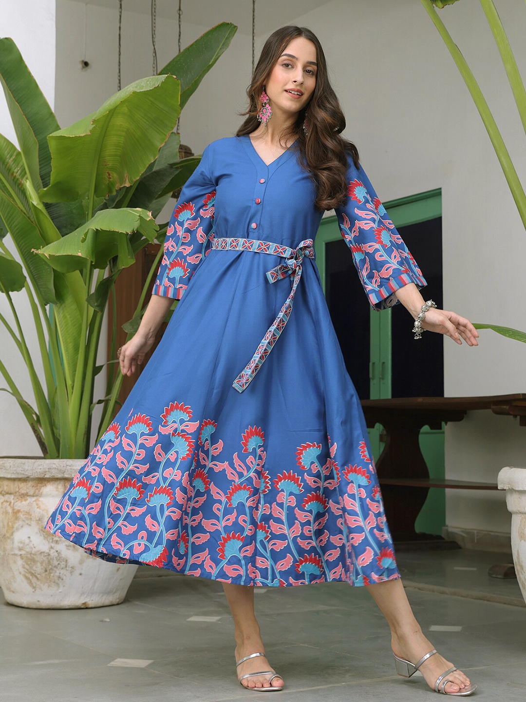 

Rustorange Blue Floral Rayon A-Line Midi Dress
