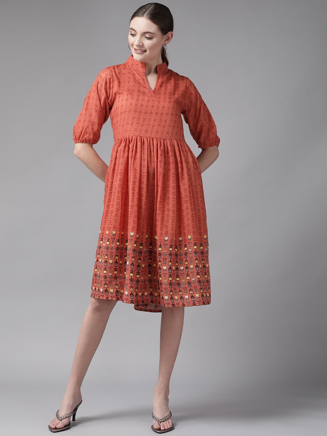 

Aarika Orange Ethnic Motifs Georgette A-Line Dress