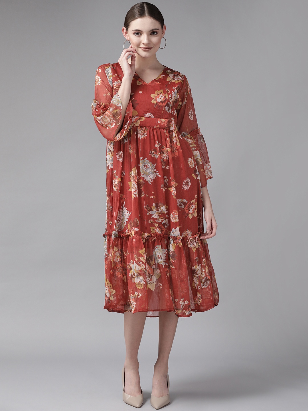 

Aarika Maroon Floral Georgette A-Line Midi Dress
