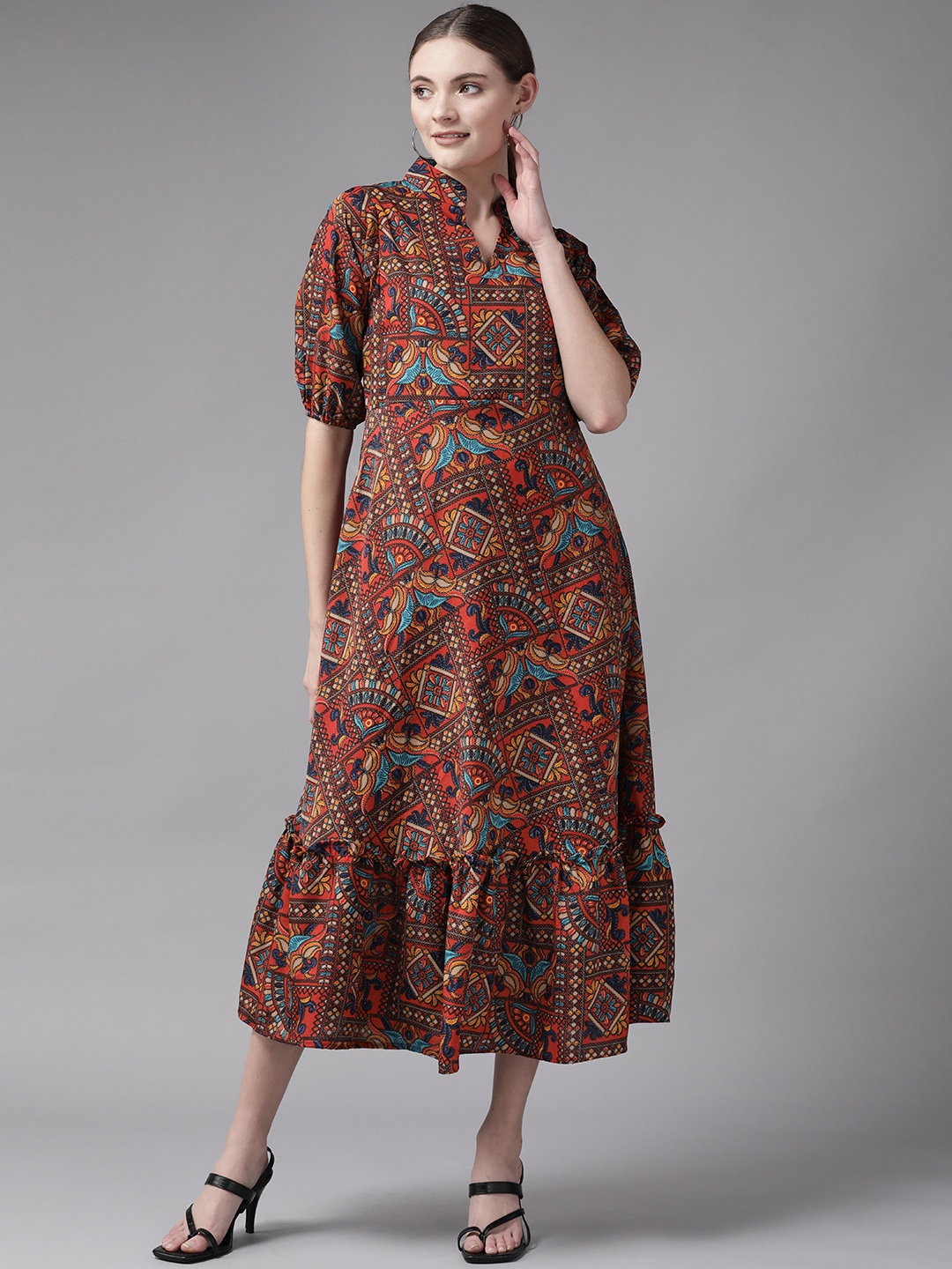 

Aarika Red & Blue Ethnic Motifs Georgette A-Line Midi Dress
