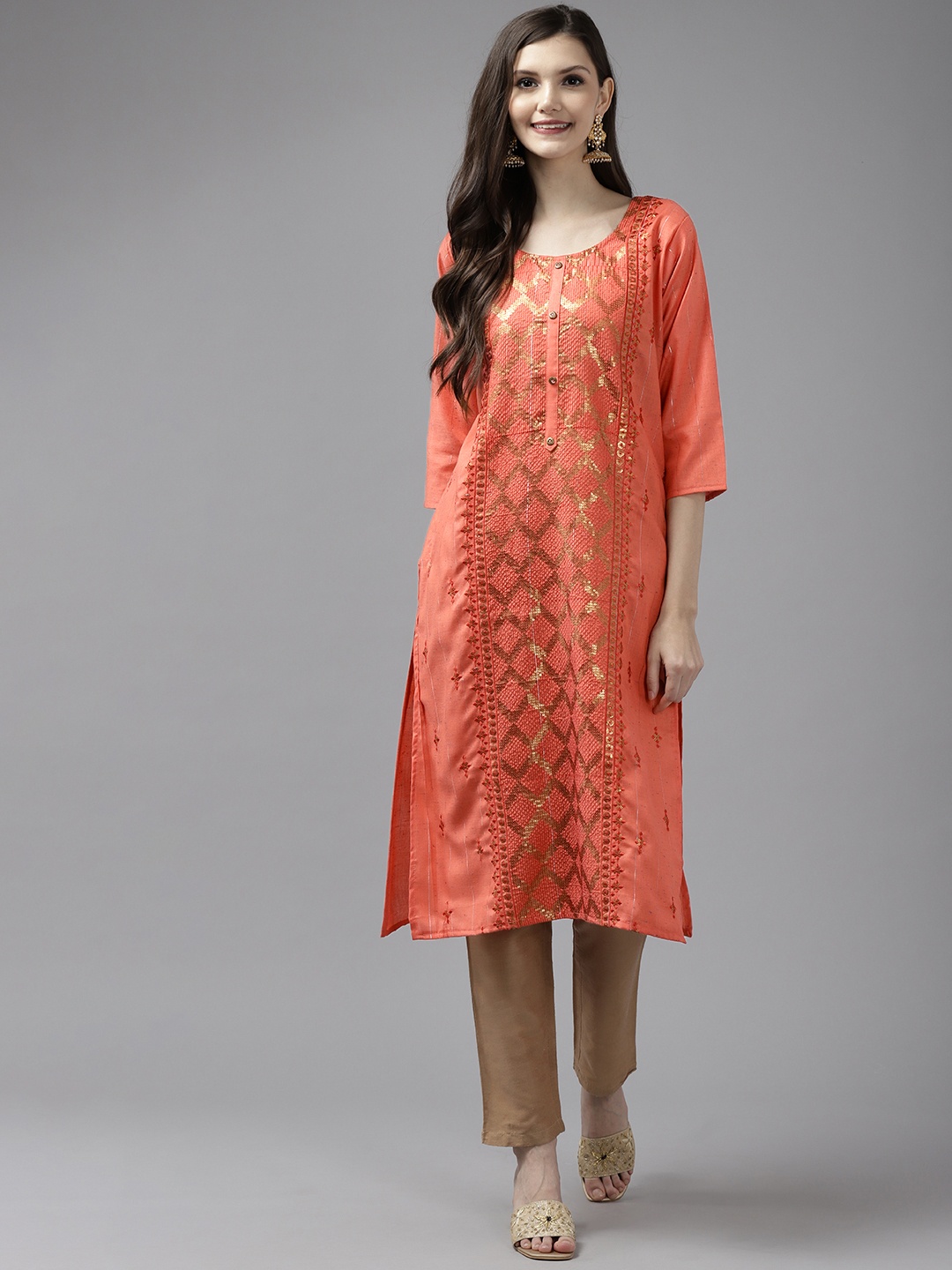 

Aarika Women Orange Woven Design Straight Kurta