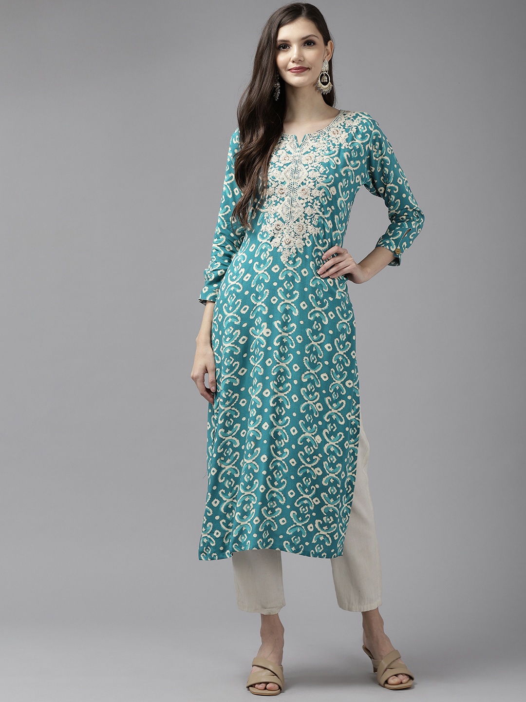 

Aarika Women Turquoise Blue & Beige Floral Yoke Design Kurta