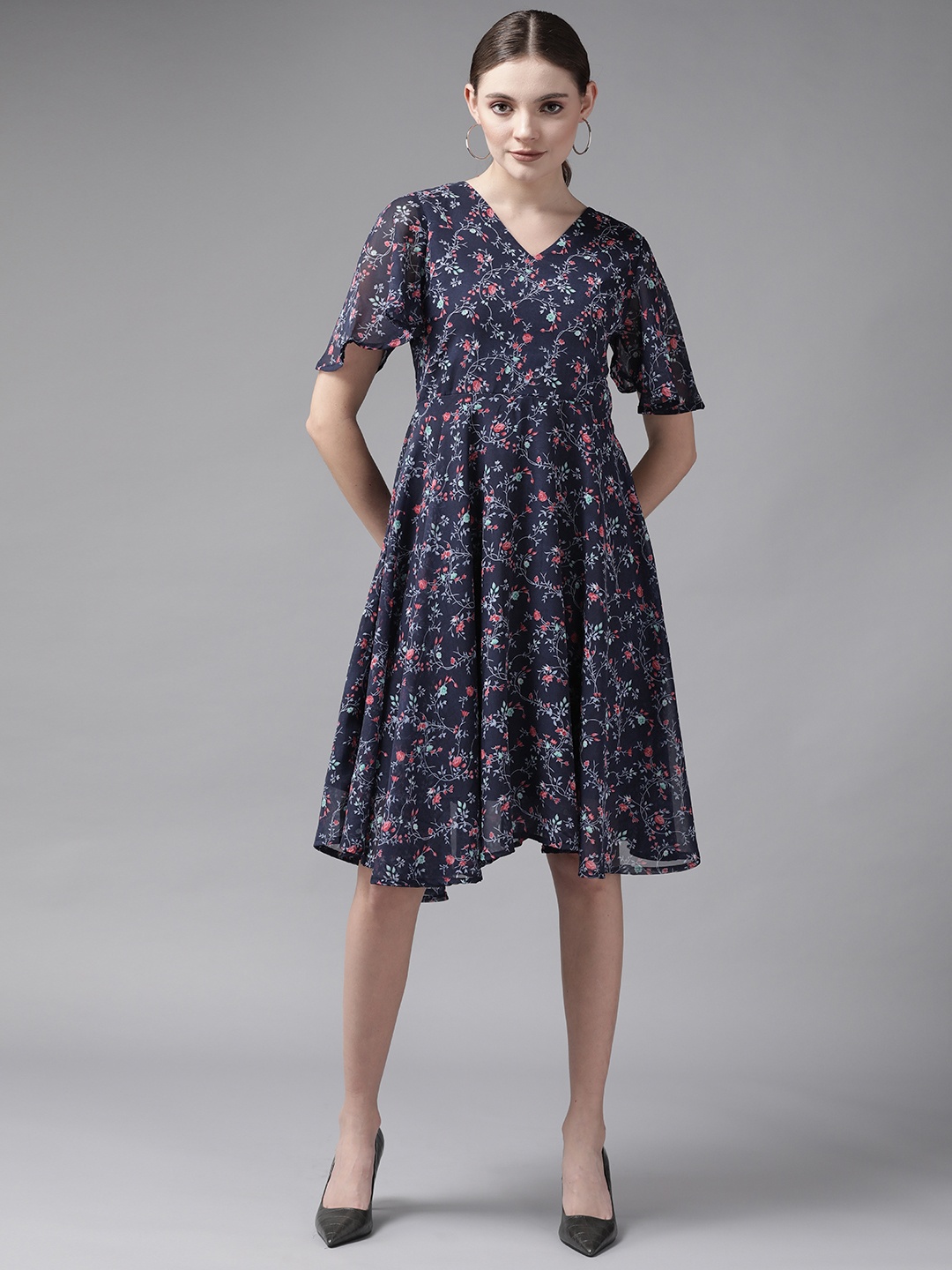 

Aarika Navy Blue Floral Georgette A-Line Dress
