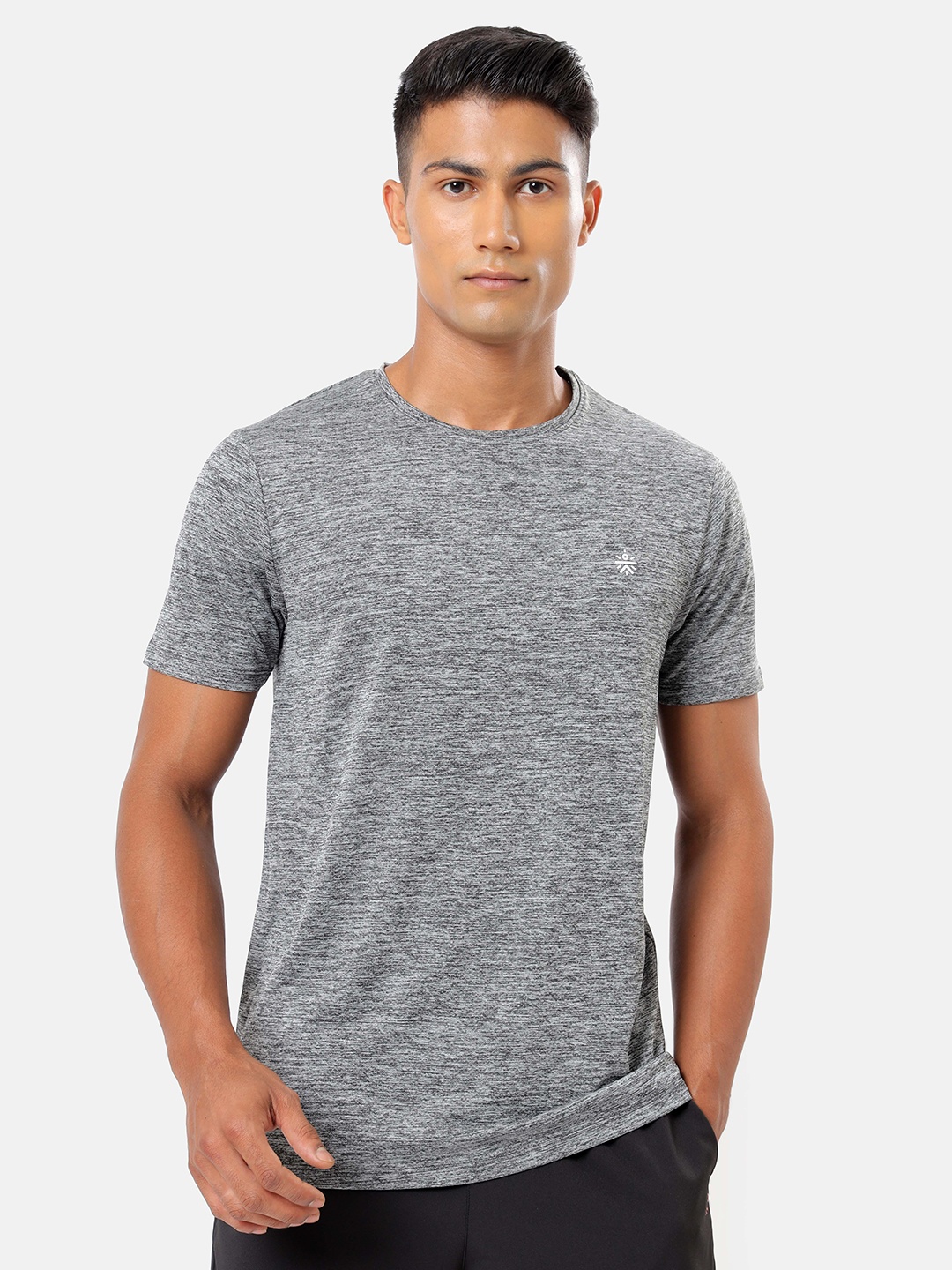 

cultsportone Men Grey Melange Moisture Wicking Logo Textured Performance T-shirt