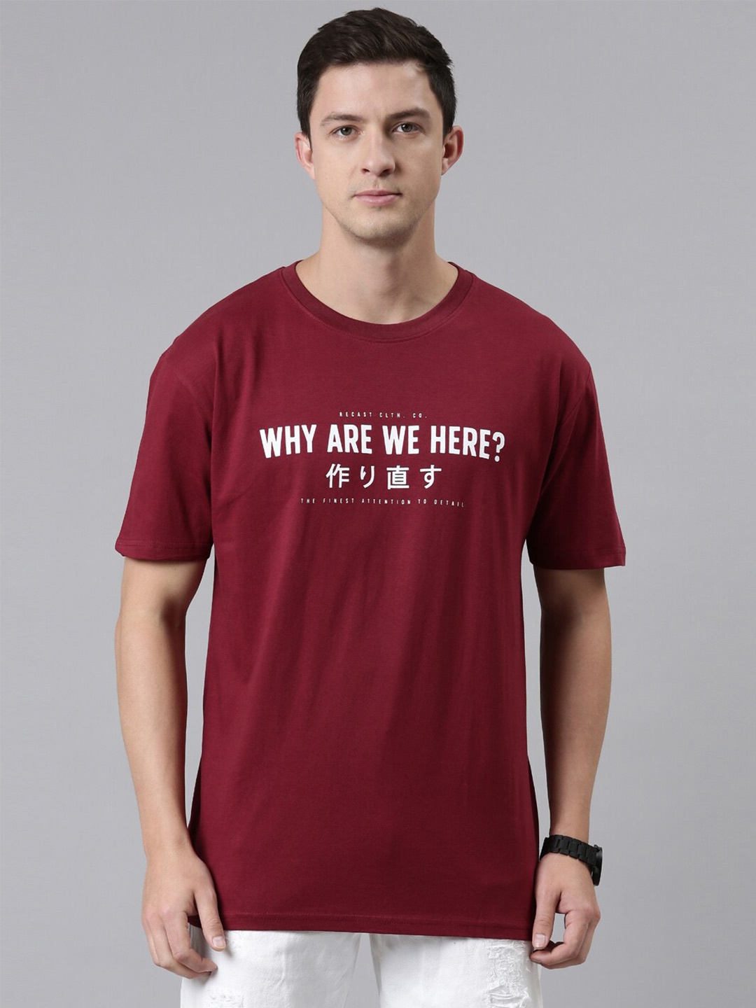 

recast Men Maroon & claret Typography Printed Pure Cotton Bio Finish Oversized T-shirt