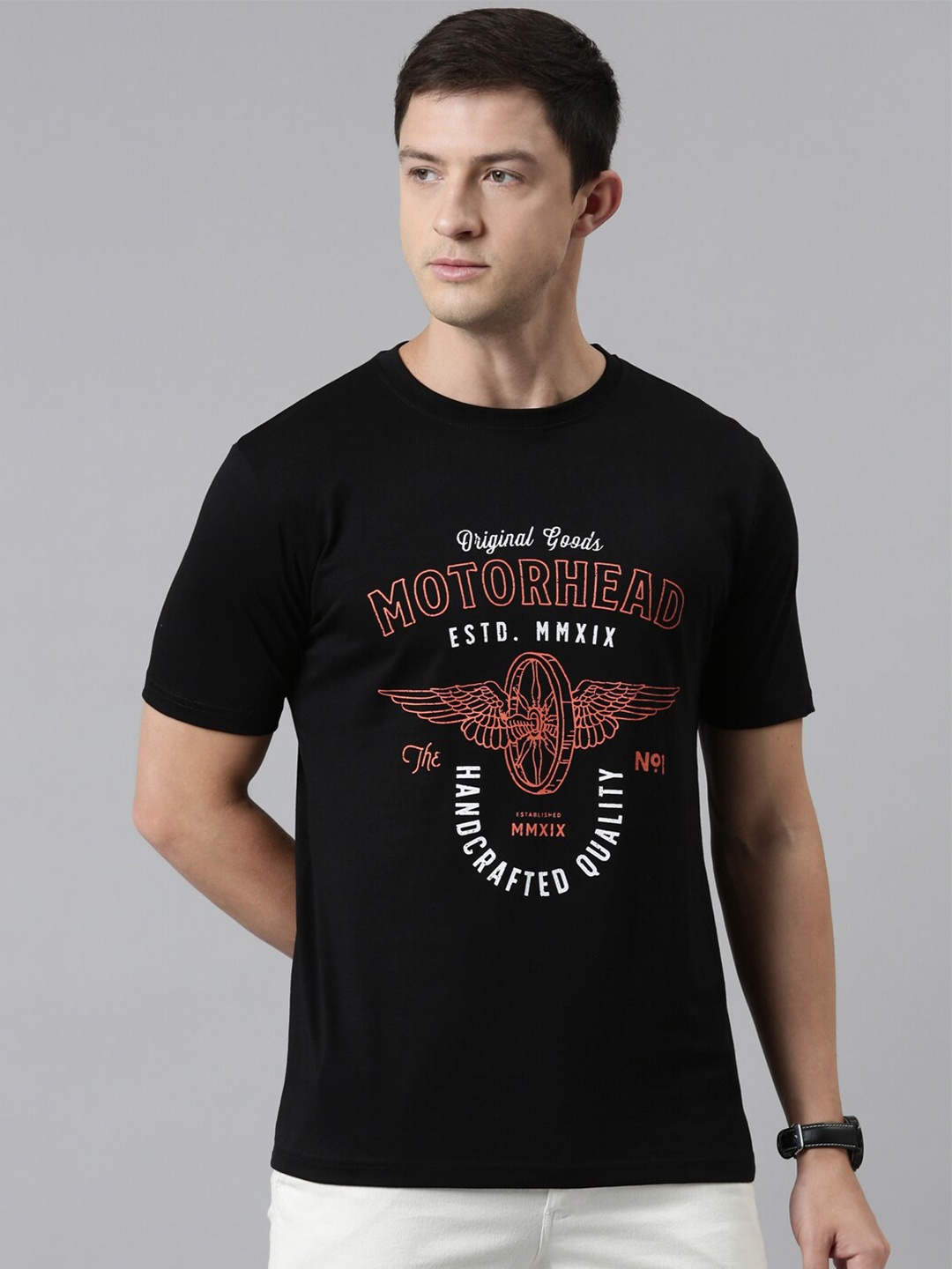 recast Men Black Printed Pure Cotton Bio Finish T-shirt