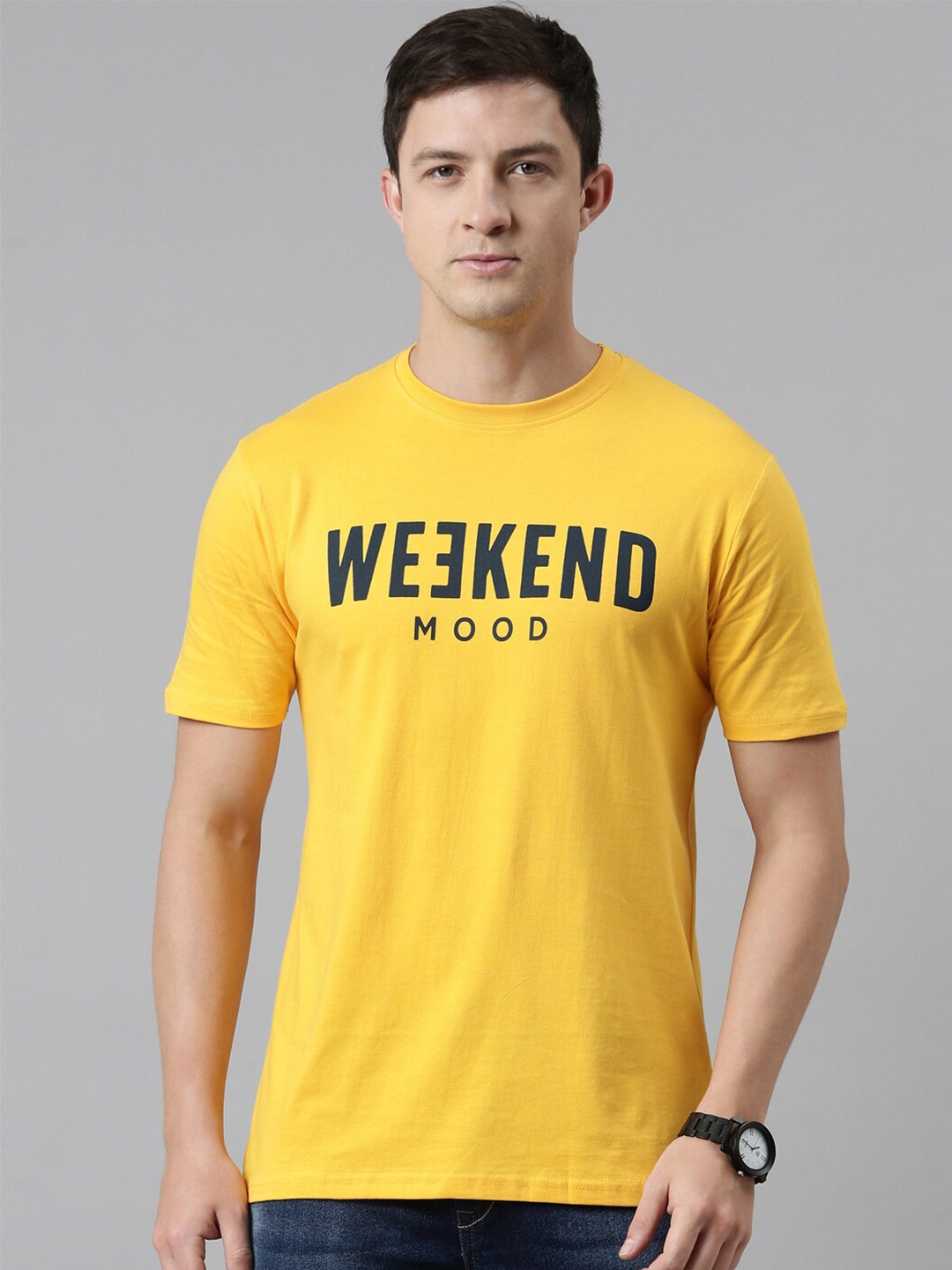 recast Men Yellow & jasmine Typography Printed Pure Cotton Bio Finish T-shirt