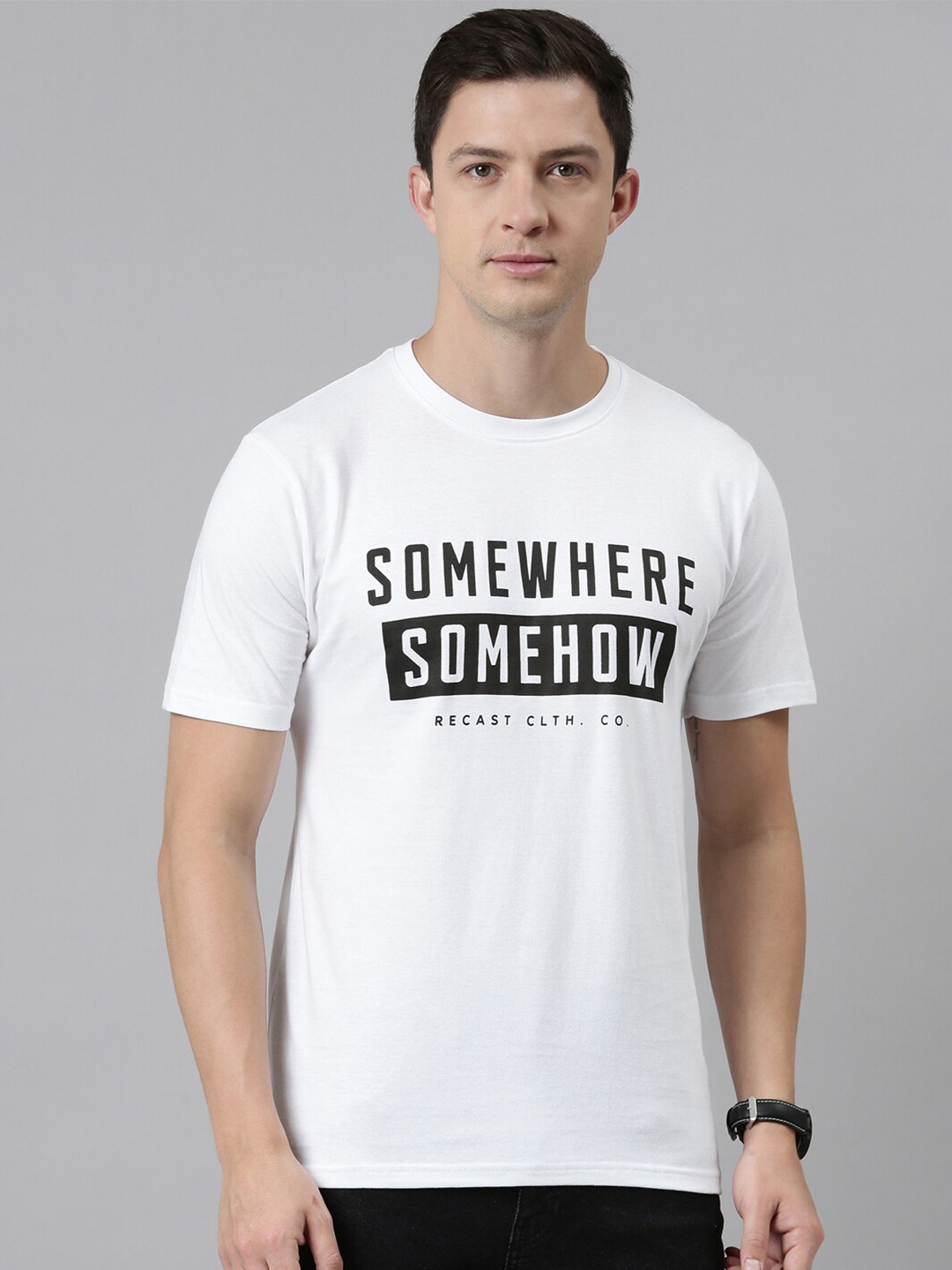

recast Men White Typography Printed Pure Cotton Bio Finish T-shirt
