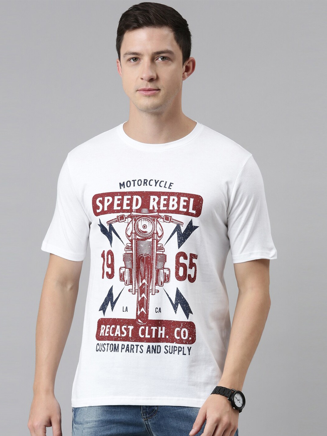 recast Men White Printed Pure Cotton Bio Finish T-shirt