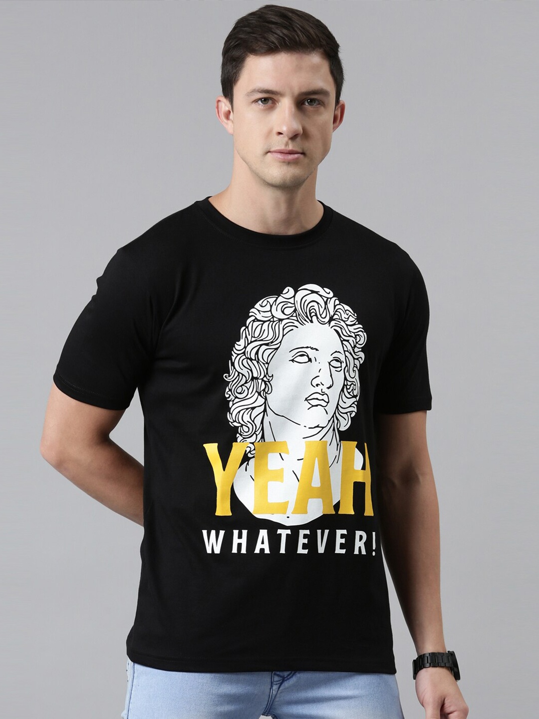 recast Men Black & french Printed Pure Cotton Bio Finish Raw Edge T-shirt