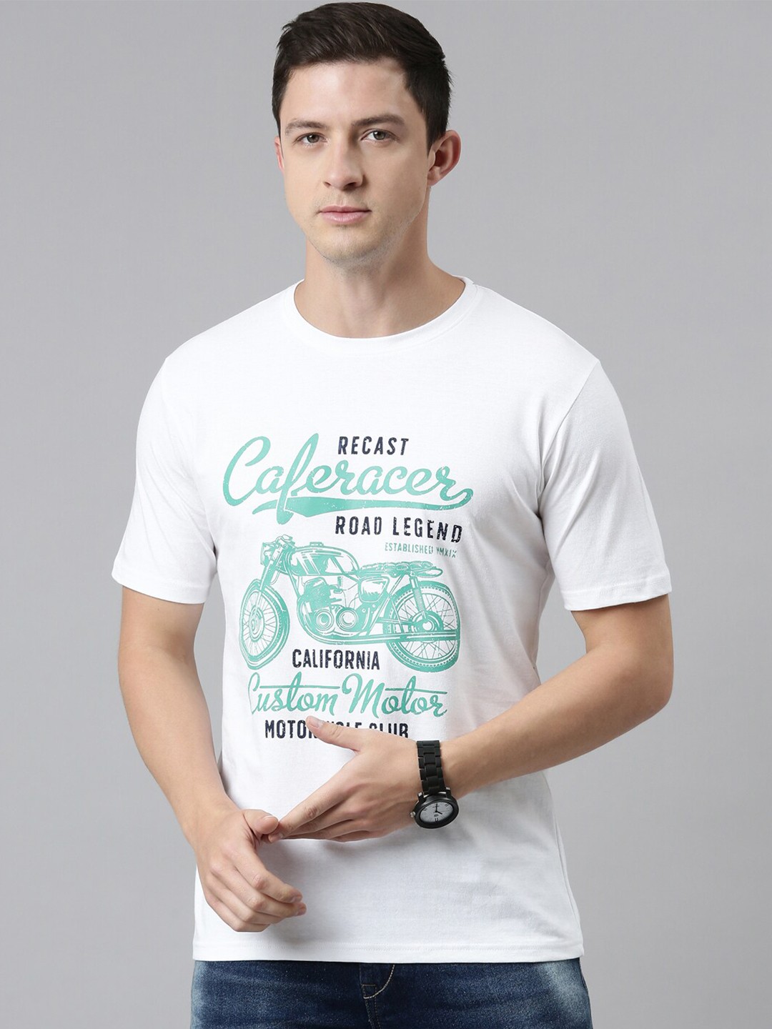 

recast Men White & Green Biker Printed Pure Cotton Bio Finish T-shirt