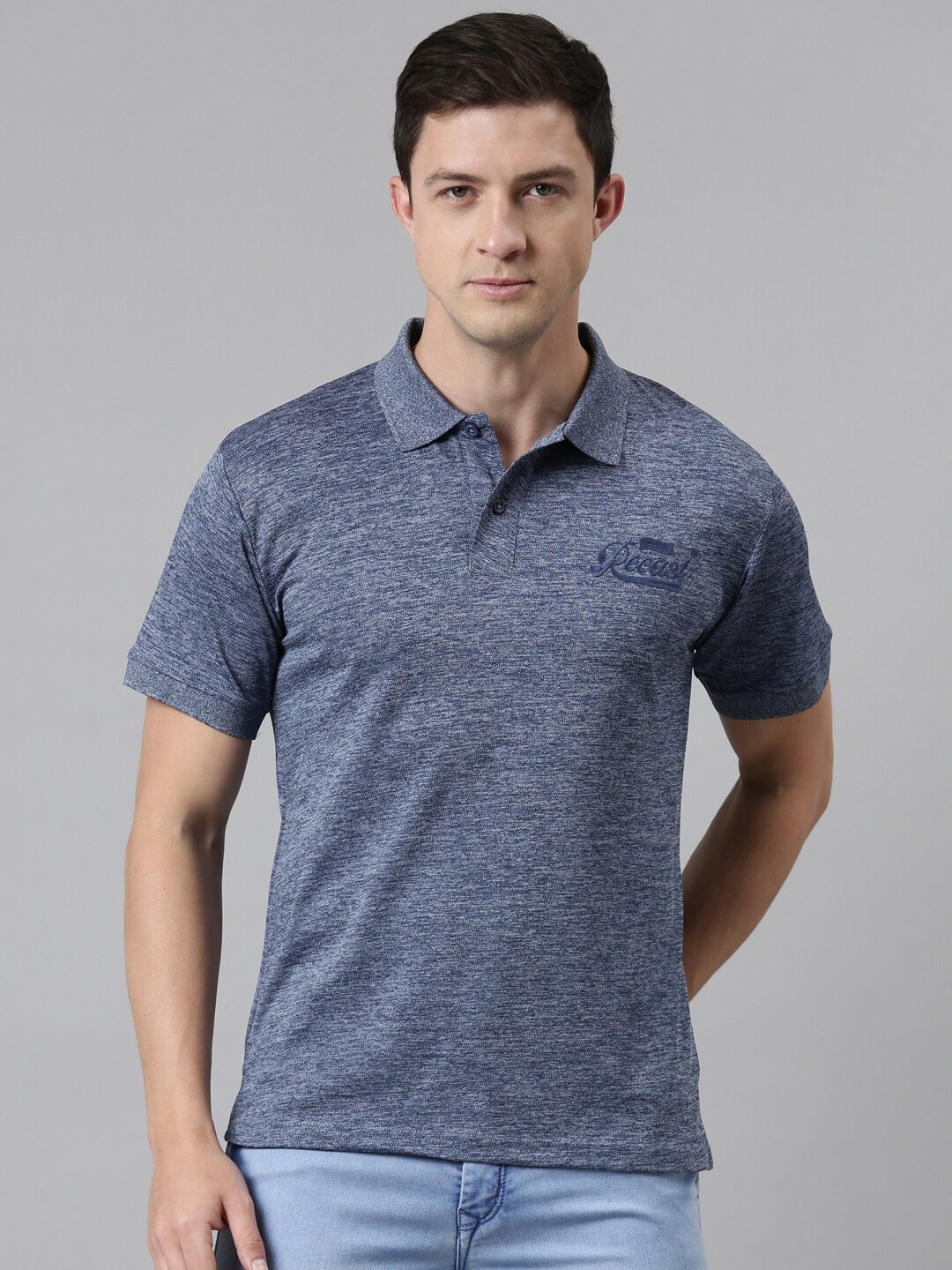 recast Men Navy Blue & graystone Polo Collar Antimicrobial T-shirt