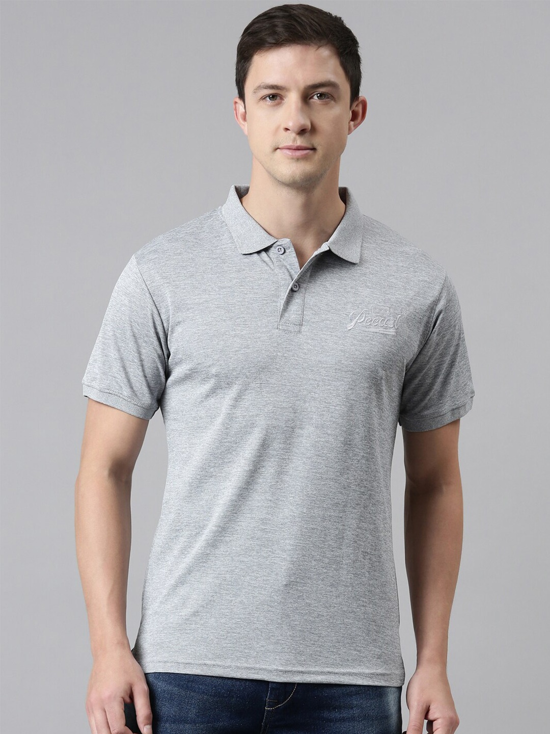 

recast Men Grey & silver sand Polo Collar Antimicrobial T-shirt