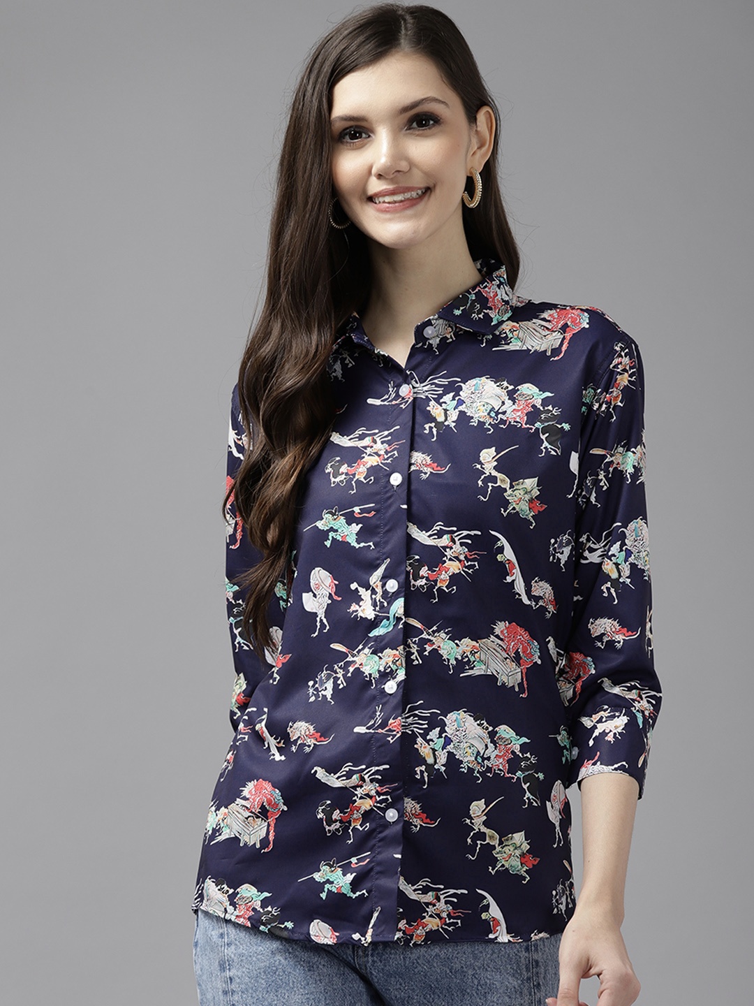 

Aarika Women Navy Blue Comfort Conversational Printed Pure Cotton Casual Shirt