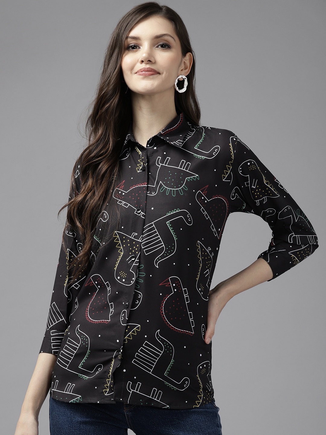 

Aarika Women Black Comfort Animal Printed Cotton Casual Shirt
