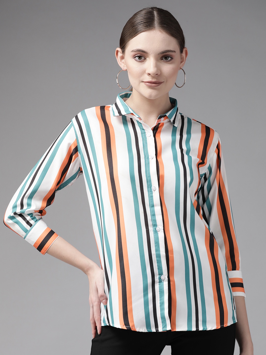 

Aarika Women White Comfort Striped Cotton Casual Shirt