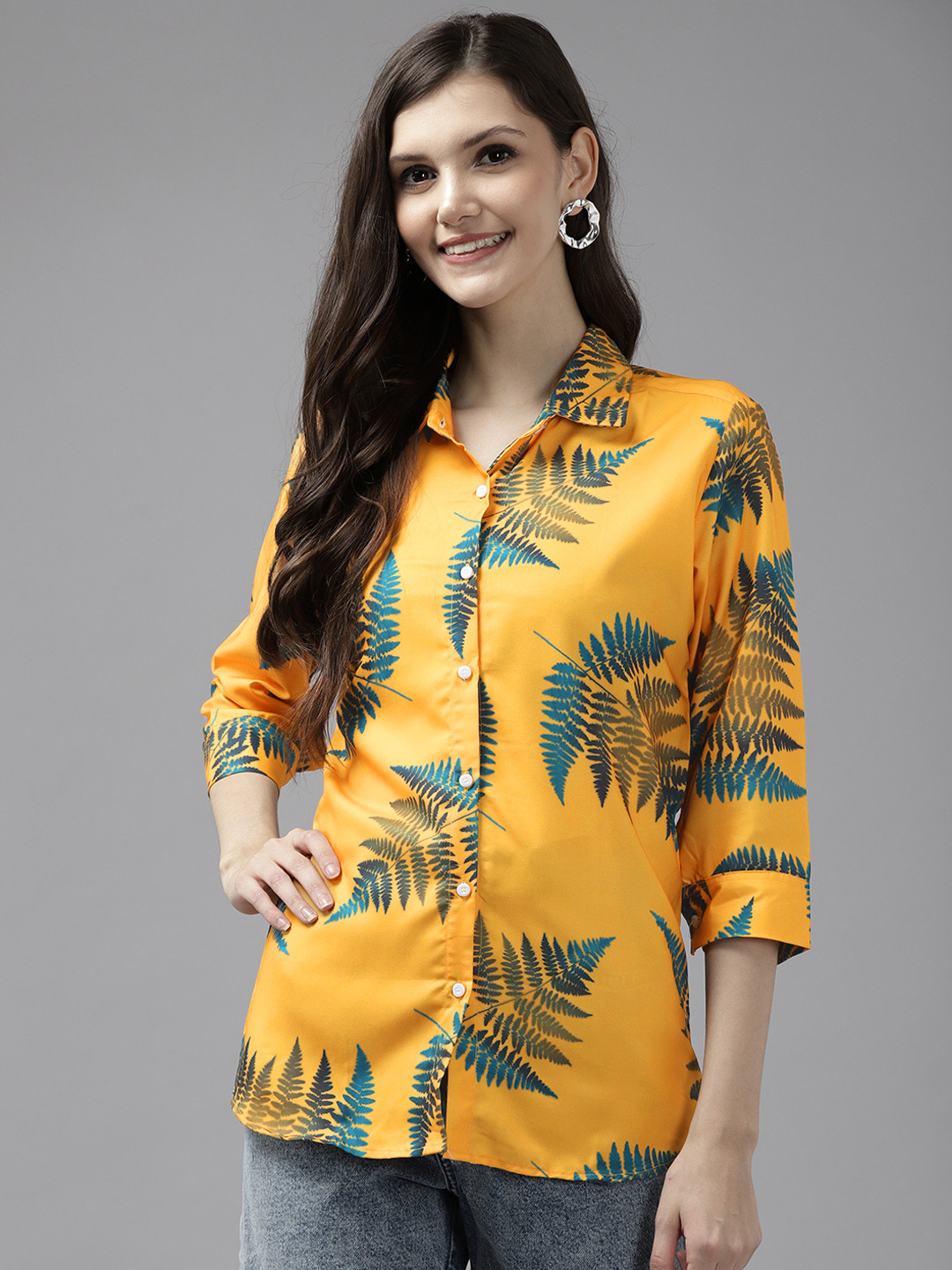 

Aarika Women Yellow Comfort Floral Printed Cotton Casual Shirt
