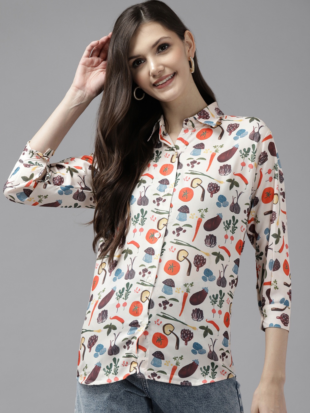 

Aarika Women White Comfort Printed Cotton Casual Shirt