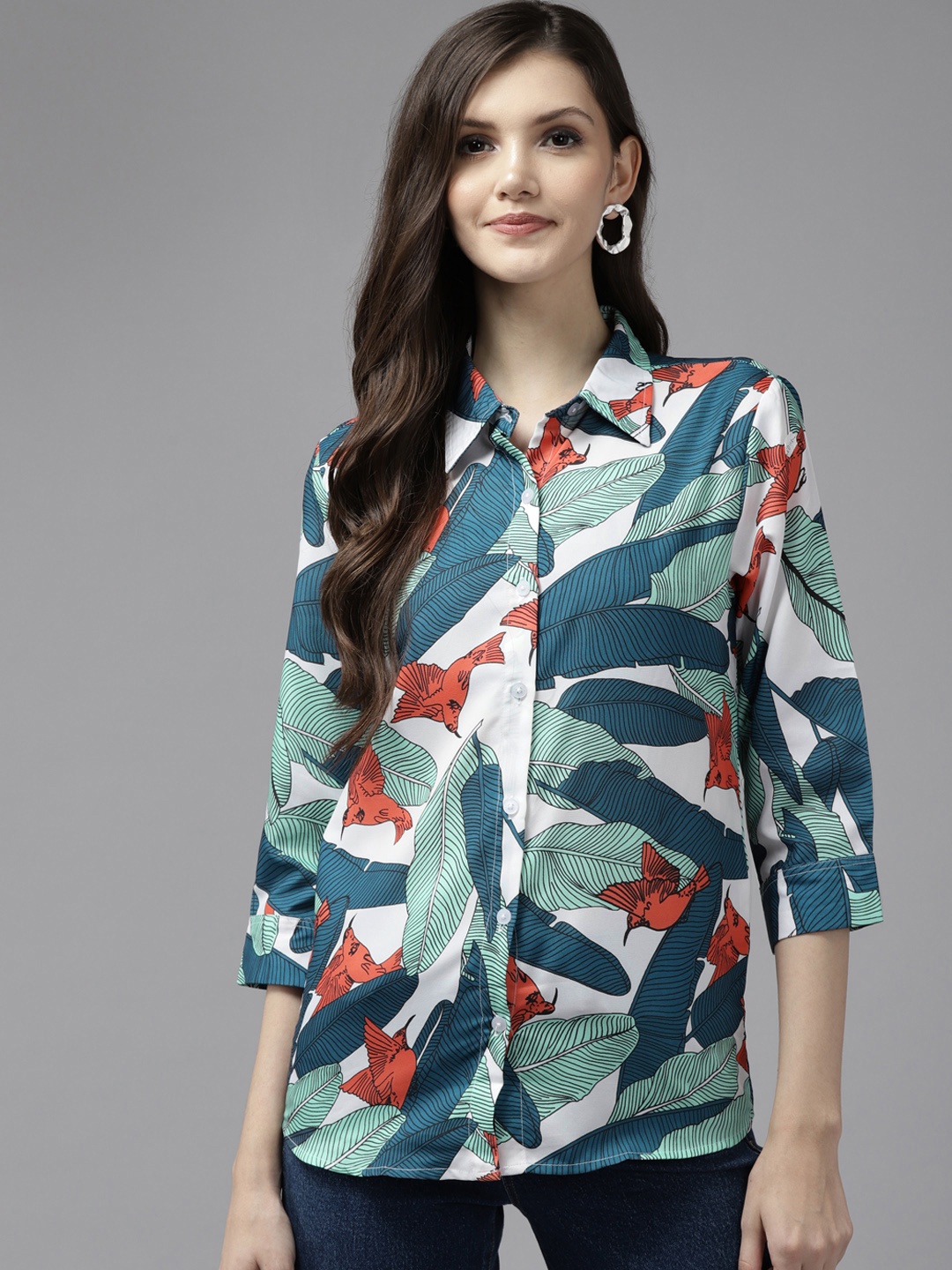 

Aarika Women White Comfort Floral Printed Cotton Casual Shirt