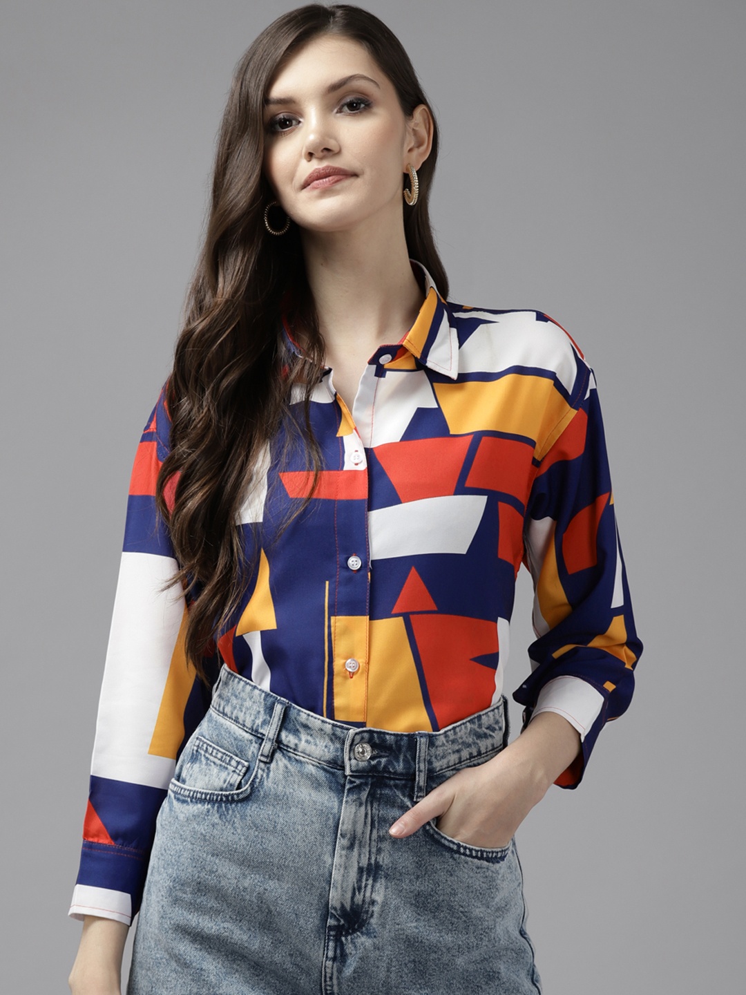 

Aarika Women Navy Blue Comfort Geometric Printed Pure Cotton Casual Shirt