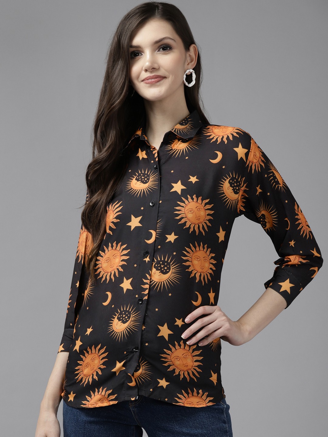 

Aarika Women Black Comfort Printed Cotton Casual Shirt