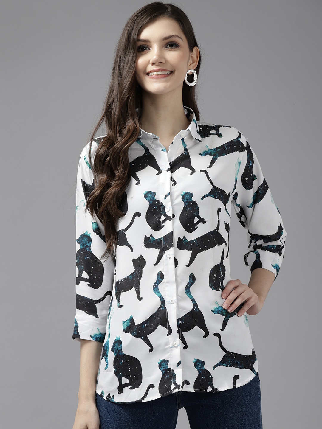 

Aarika Women White Comfort Animal Printed Cotton Casual Shirt