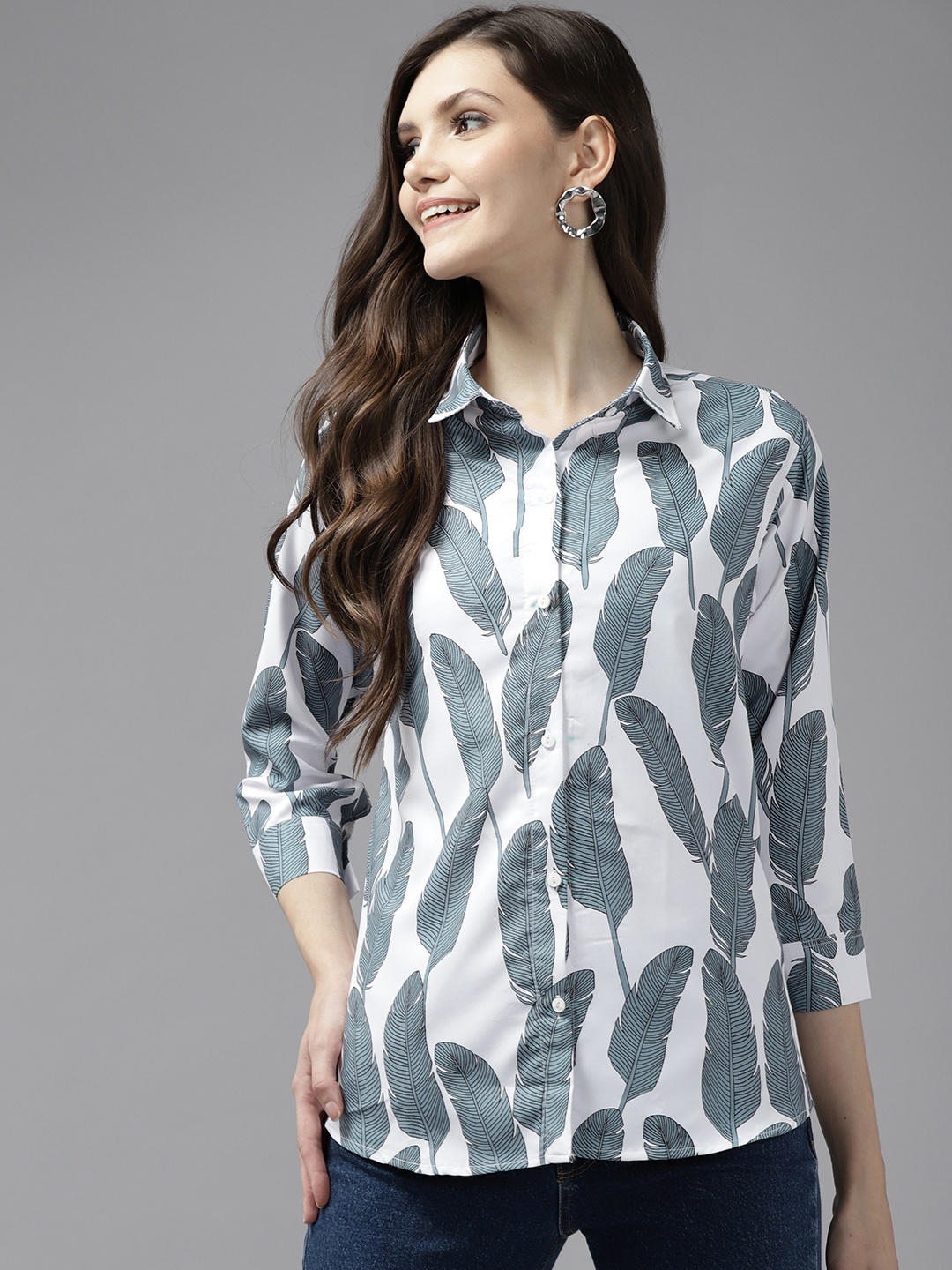

Aarika Women White Comfort Floral Printed Cotton Casual Shirt
