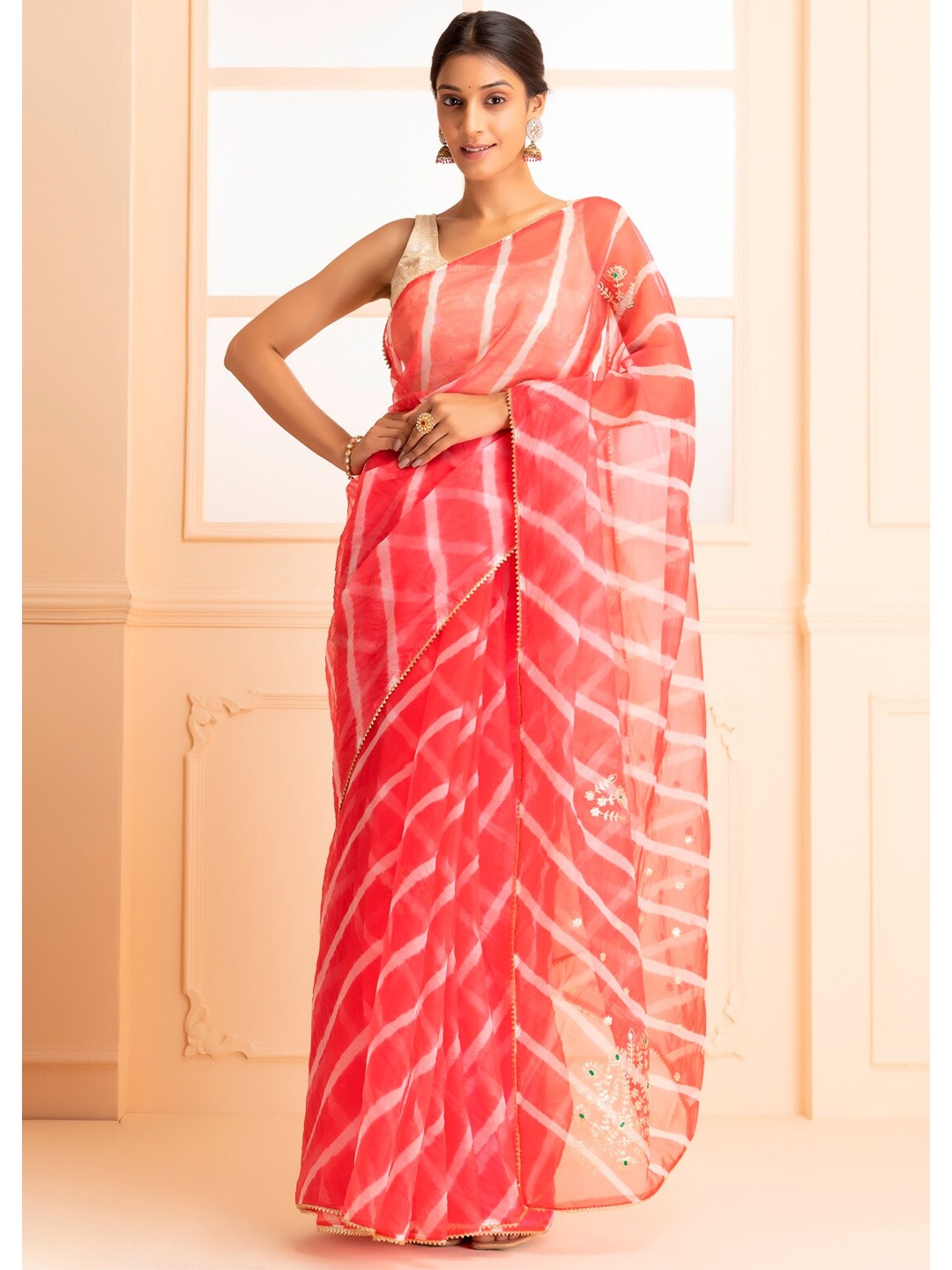 

Geroo Jaipur Pink & White Organza Leheriya Saree