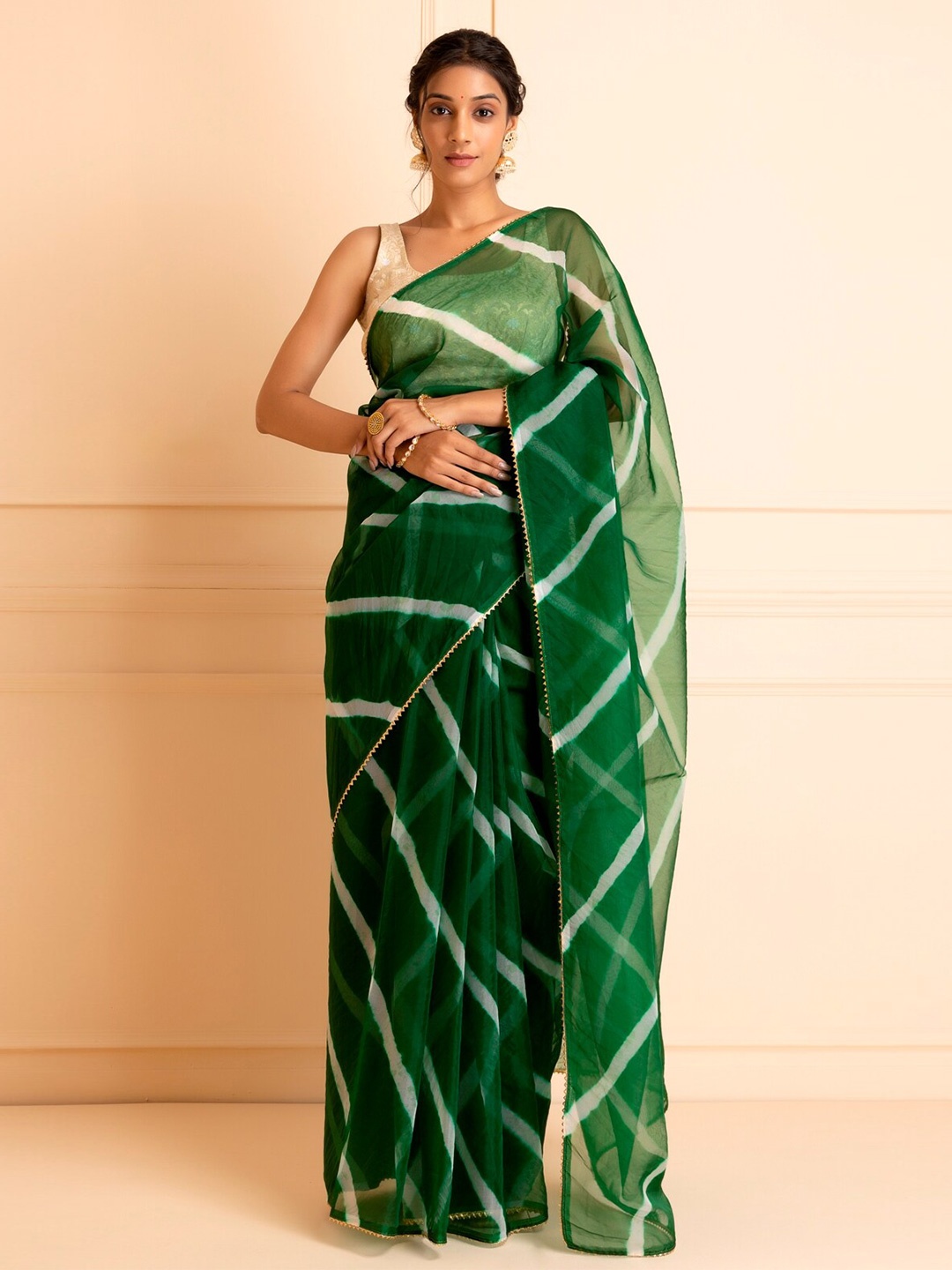 

Geroo Jaipur Green & White Leheriya Gotta Patti Organza Saree