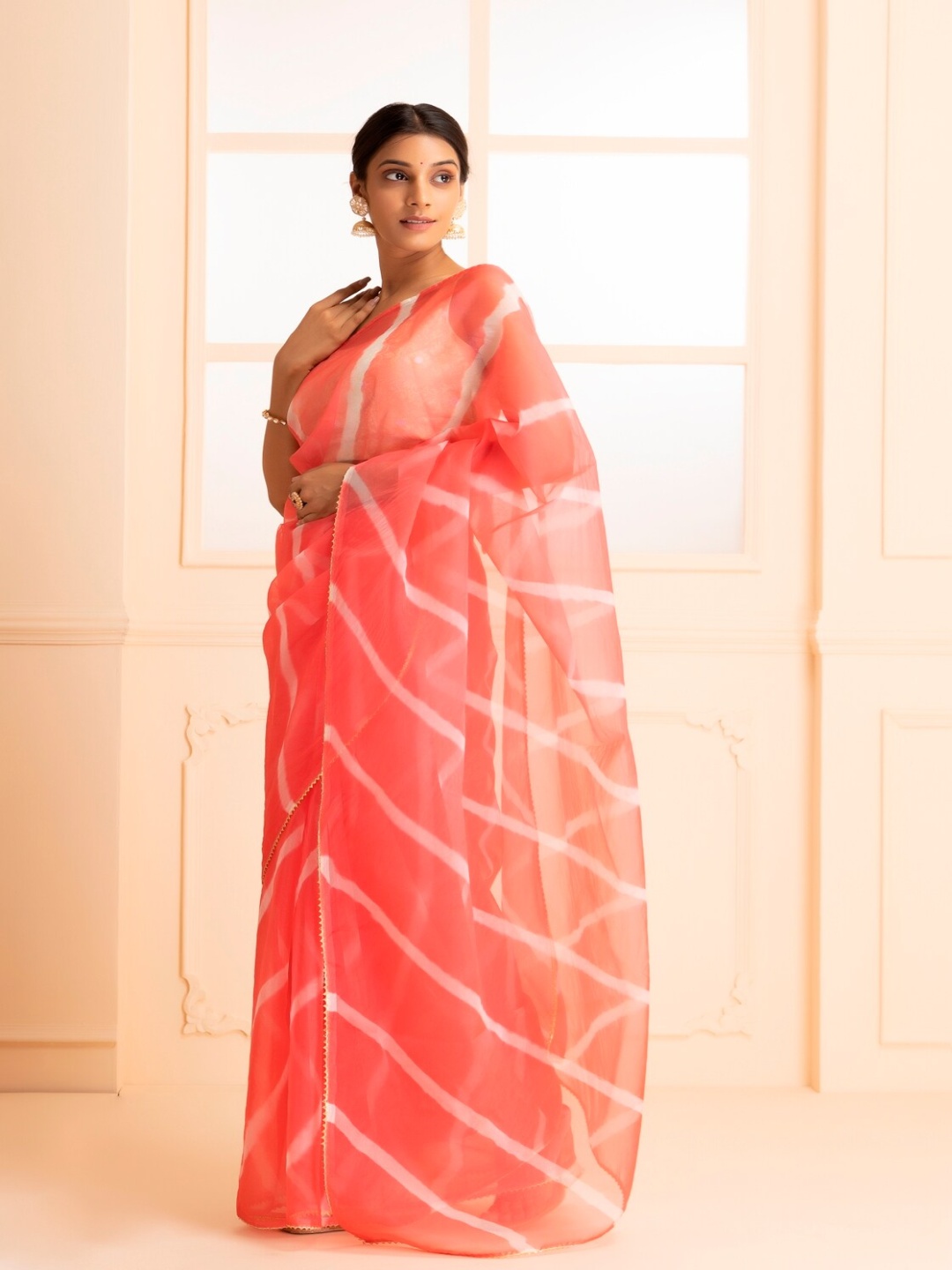 

Geroo Jaipur Handcrafted Leheriya Organza Saree, Pink