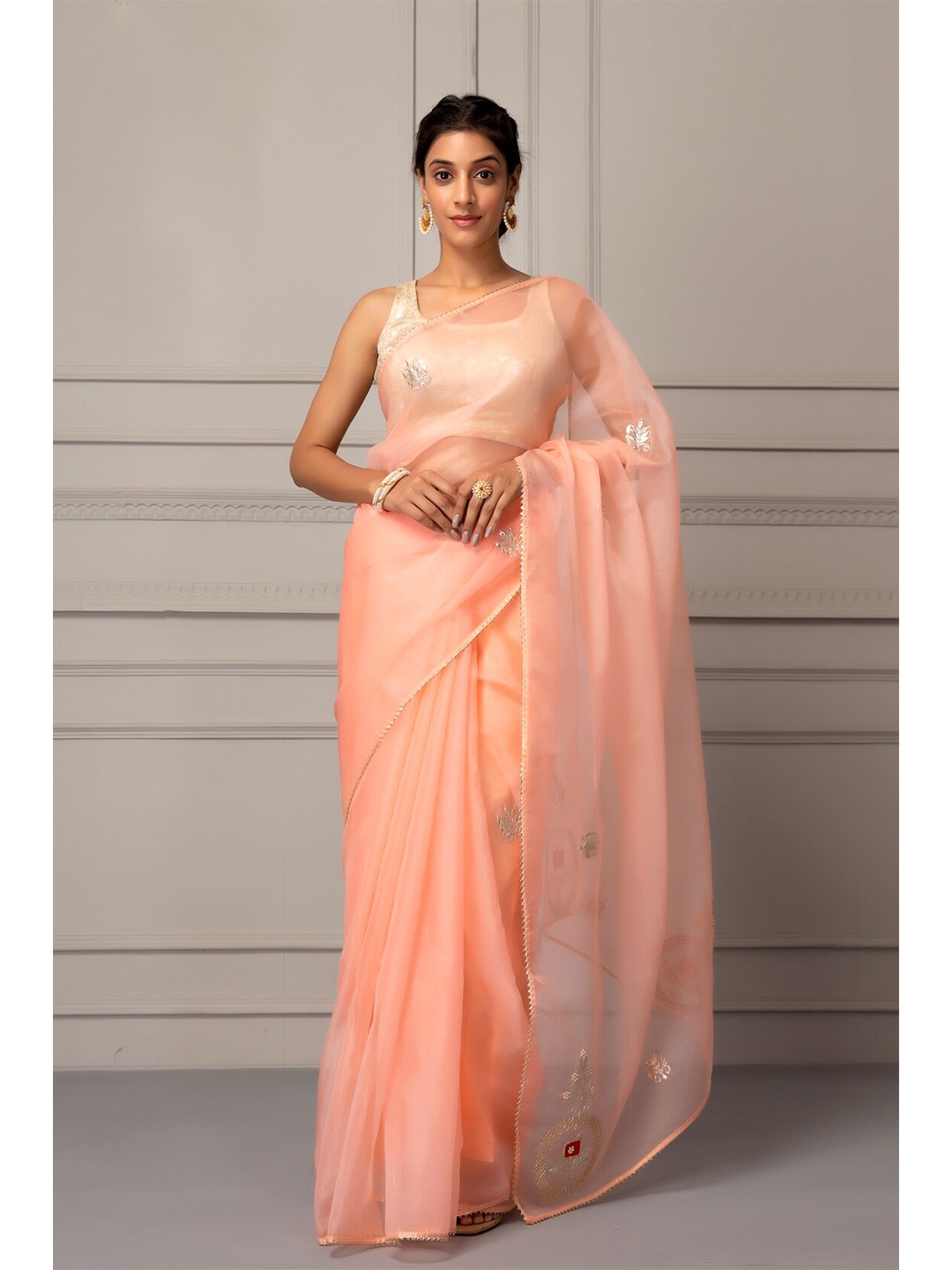 

Geroo Jaipur Peach-Coloured Embellished Organza Saree