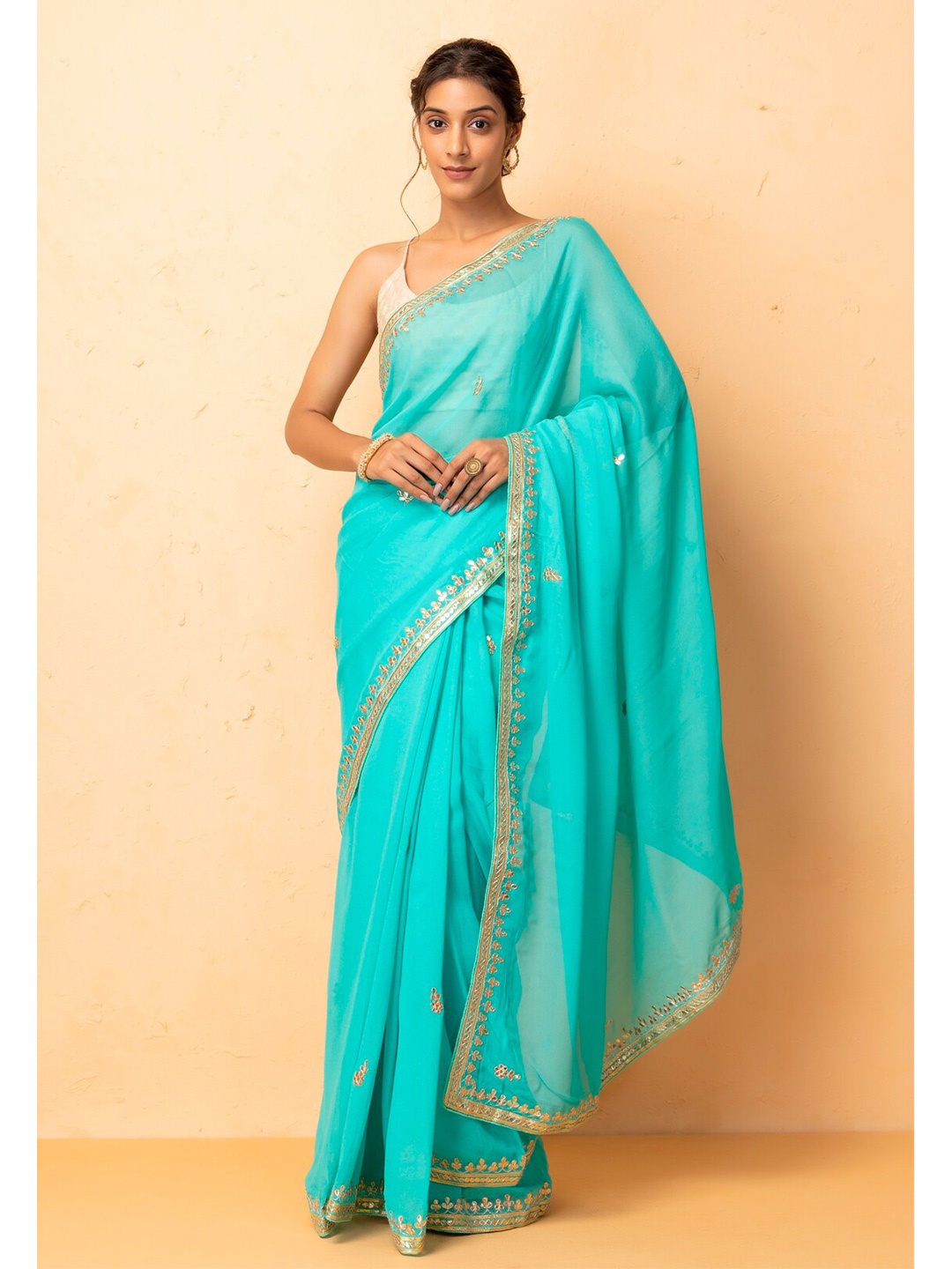

Geroo Jaipur Handcrafted Gota Patti Georgette Saree, Blue