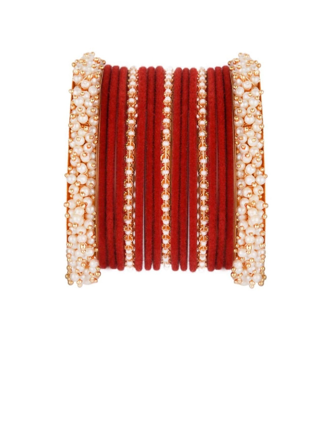 

Efulgenz Red & Cream-coloured Set of 17 Faux Pearl Velvet Bangles
