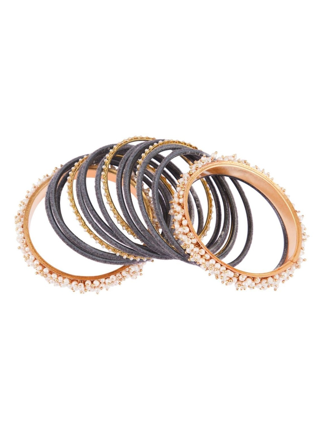 Efulgenz Set Of 17 Gold-Toned & Grey Velvet Stoned Beaded Bangles