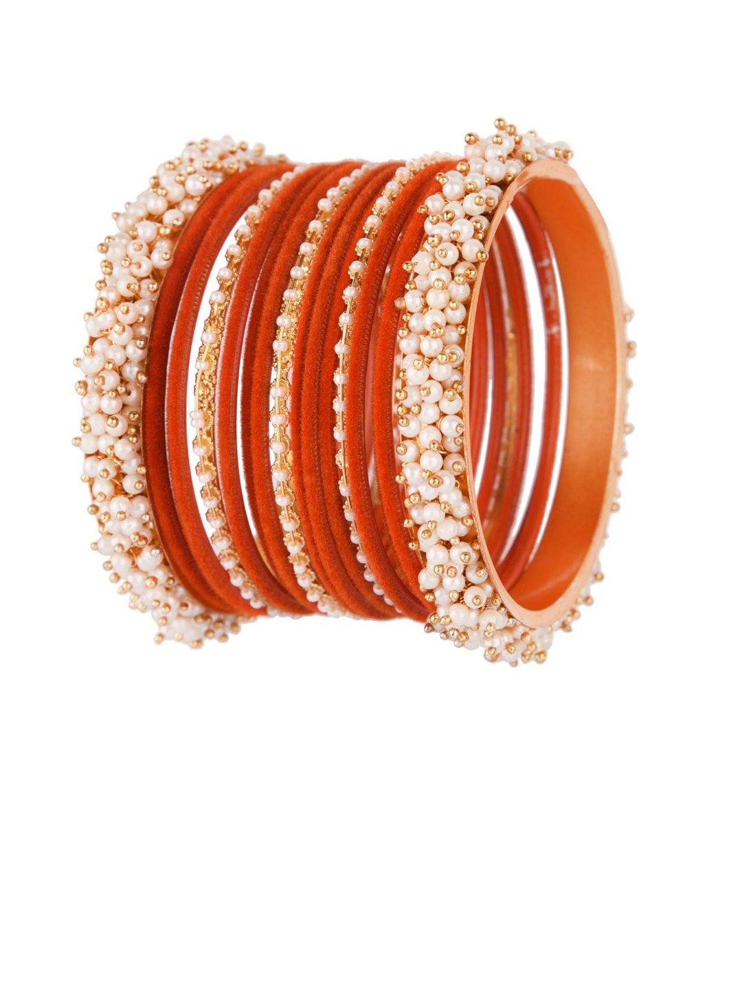 

Efulgenz Set Of 17 Orange & White Pearl Beaded Bangle