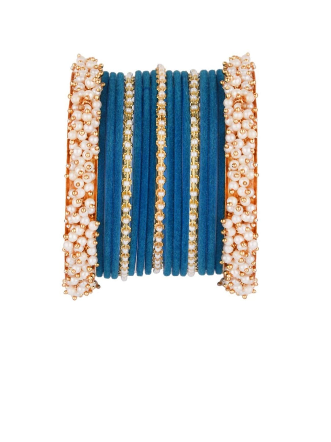 

Efulgenz Blue 17 Pcs Bridal Faux Pearl Velvet Bangles Set
