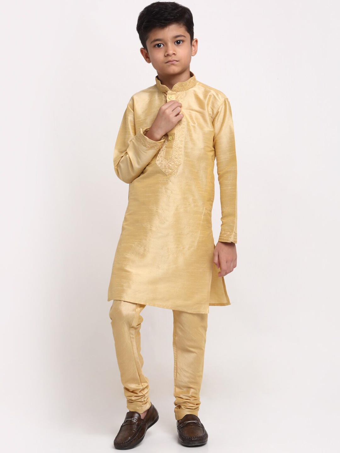 

Benstoke Boys Gold-Toned Yoke Design Thread Work Kurta with Pyjamas