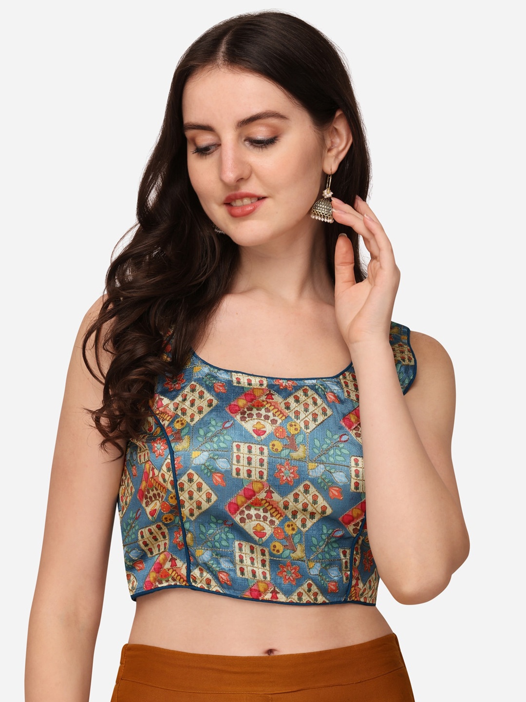PUJIA MILLS Women Blue & Red Embroidered & Digital Printed Saree Blouse