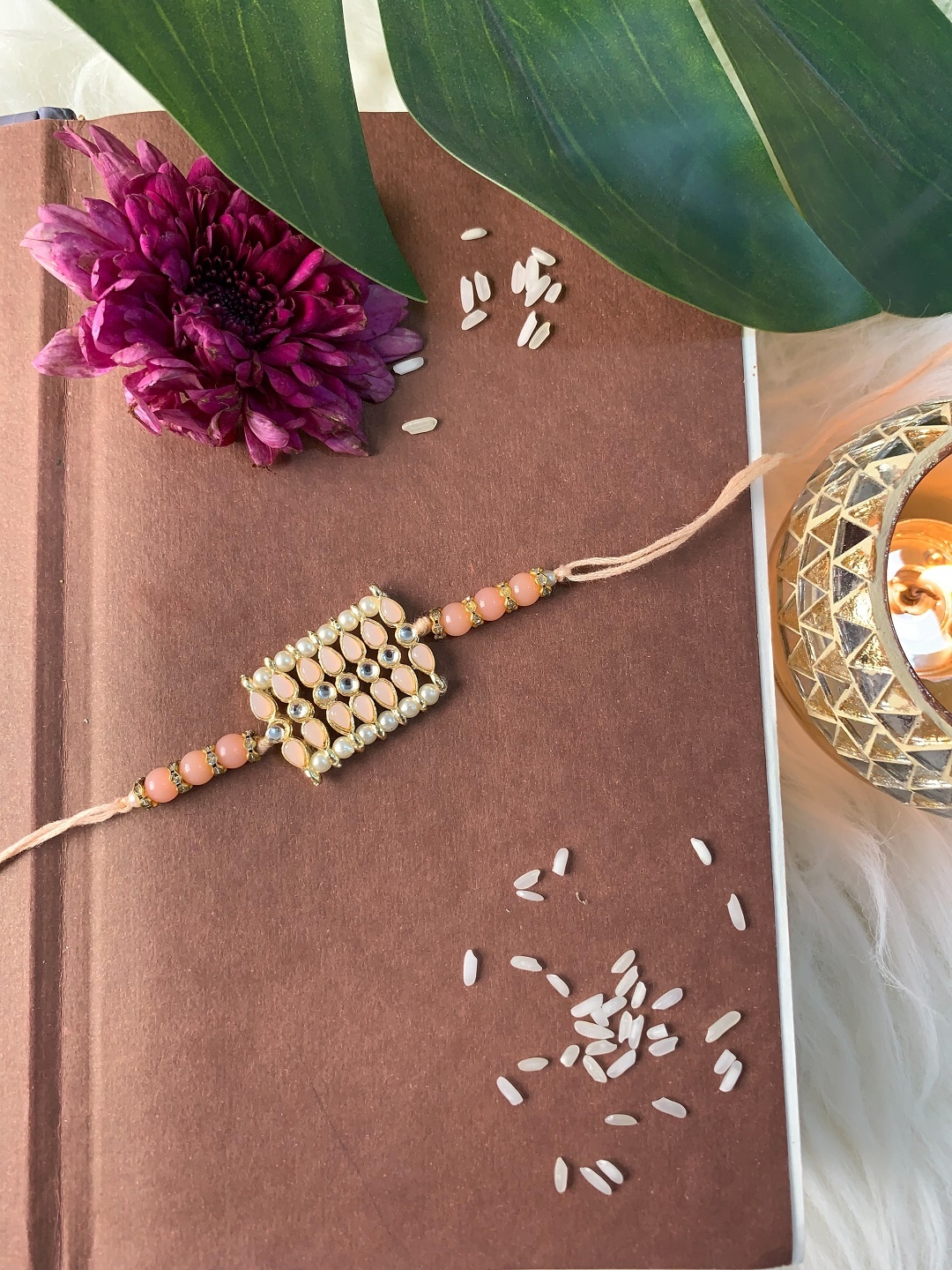 

I Jewels Men Peach Colored Beaded Threaded Rakhi