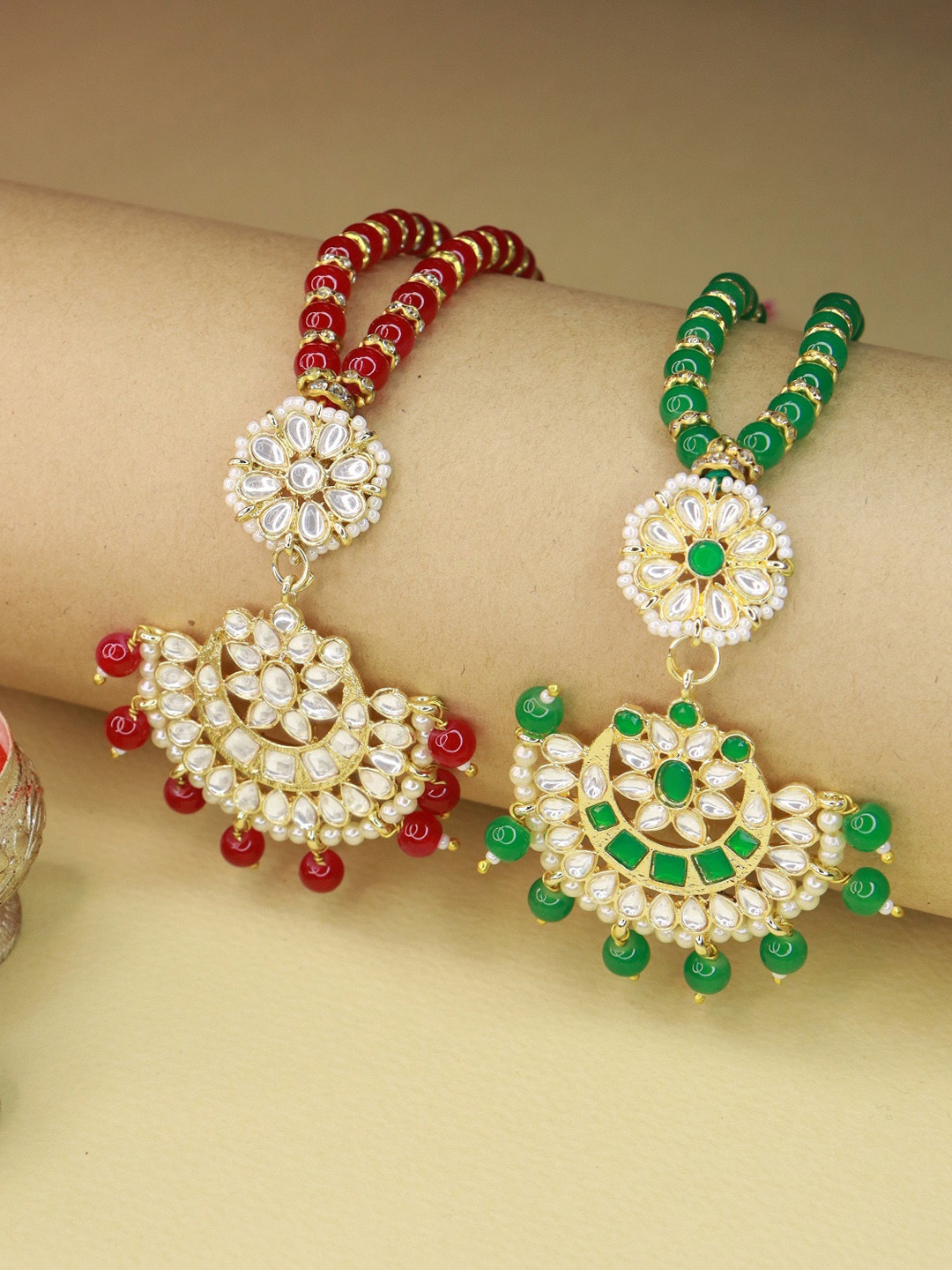 

I Jewels Women Set of 2 Stone Studded & Beaded Lumba Rakhi, Red