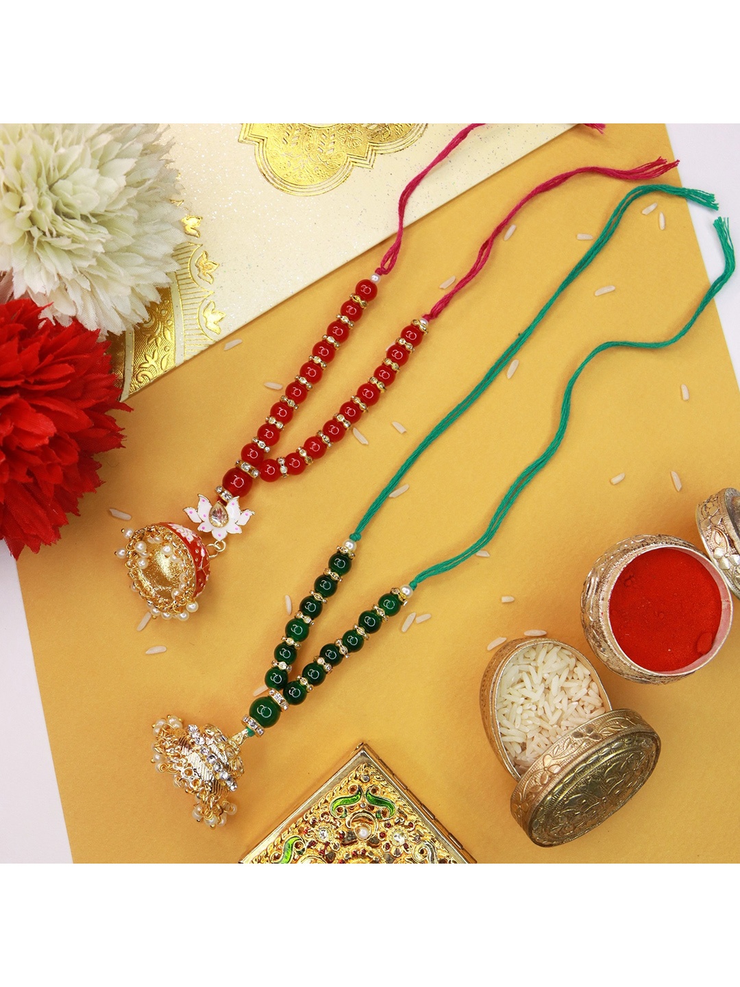 

I Jewels Set of 2 Beaded Bhabhi Loomba Rakhi, Green