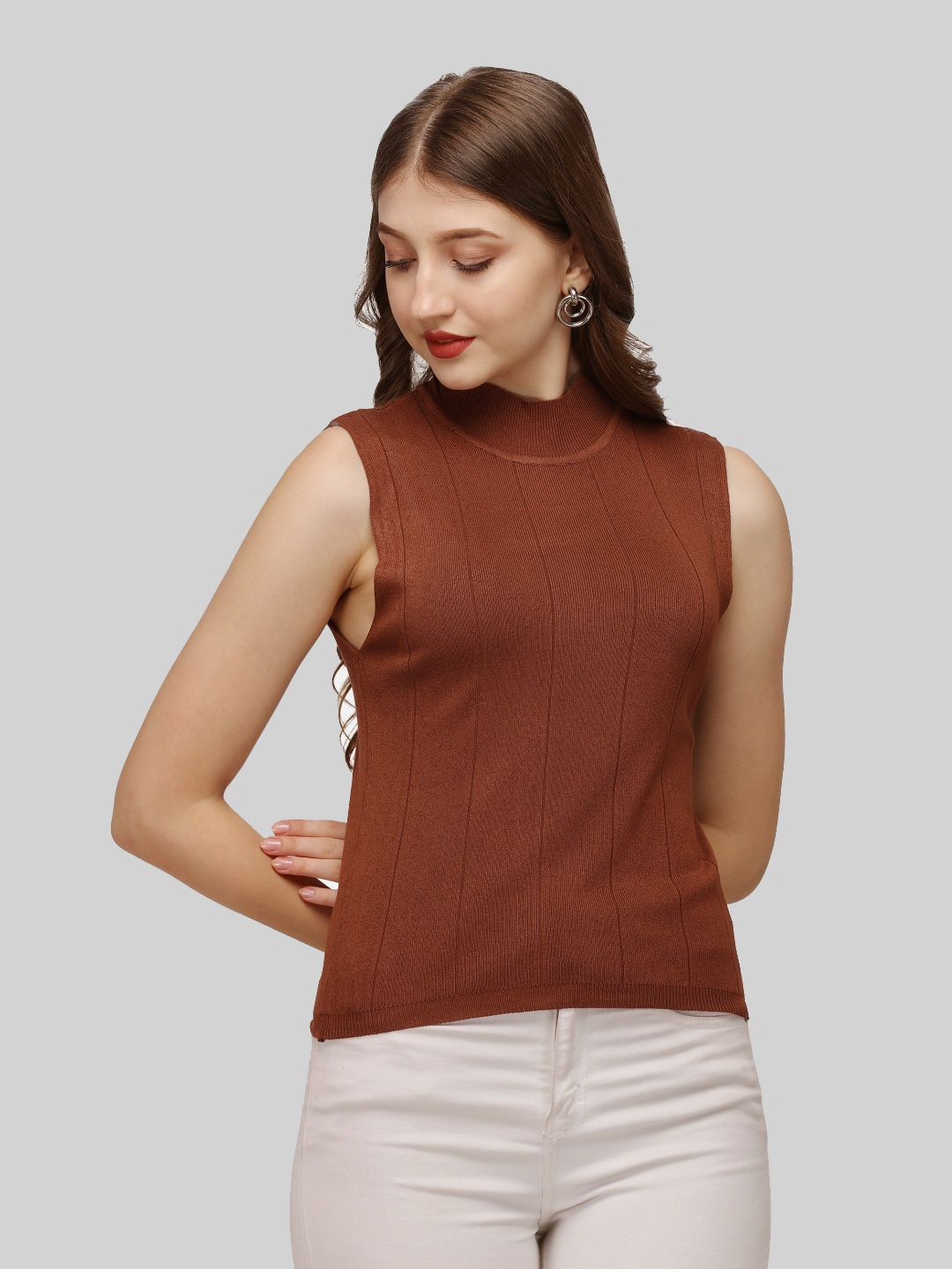 

HSR Brown Knitted Regular Fit Tank Top