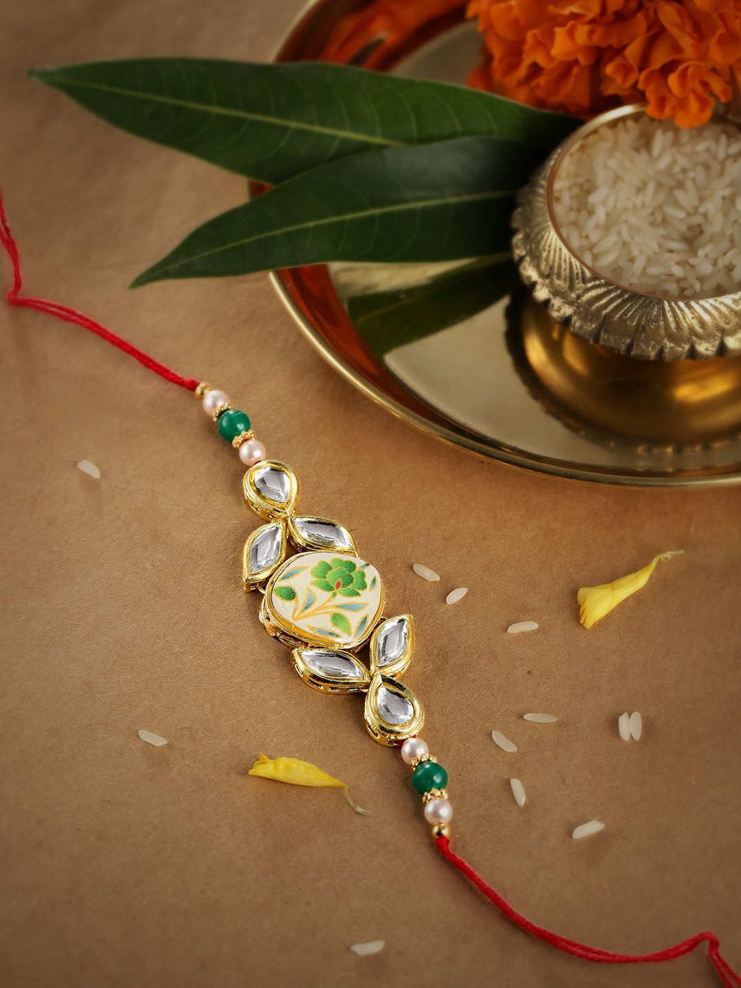 

Unisex Green Enamelled Thread Rakhi With Roli Chawal