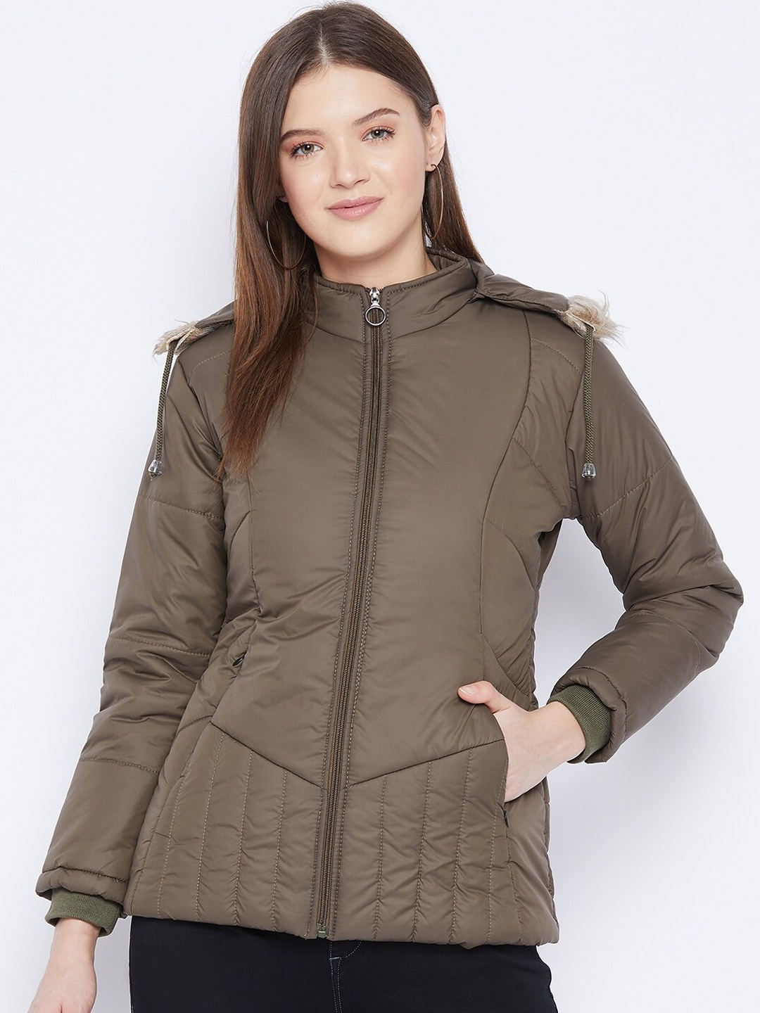 

VERO AMORE Women Olive Green Striped Insulator Outdoor Parka Jacket