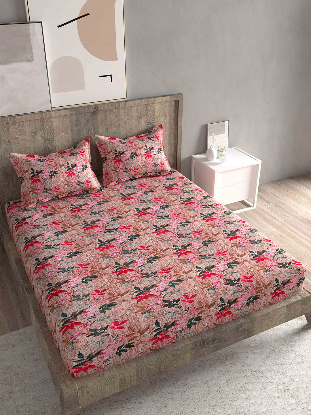 

Spangle Pink & Green Floral 260 TC King Bedsheet with 2 Pillow Covers