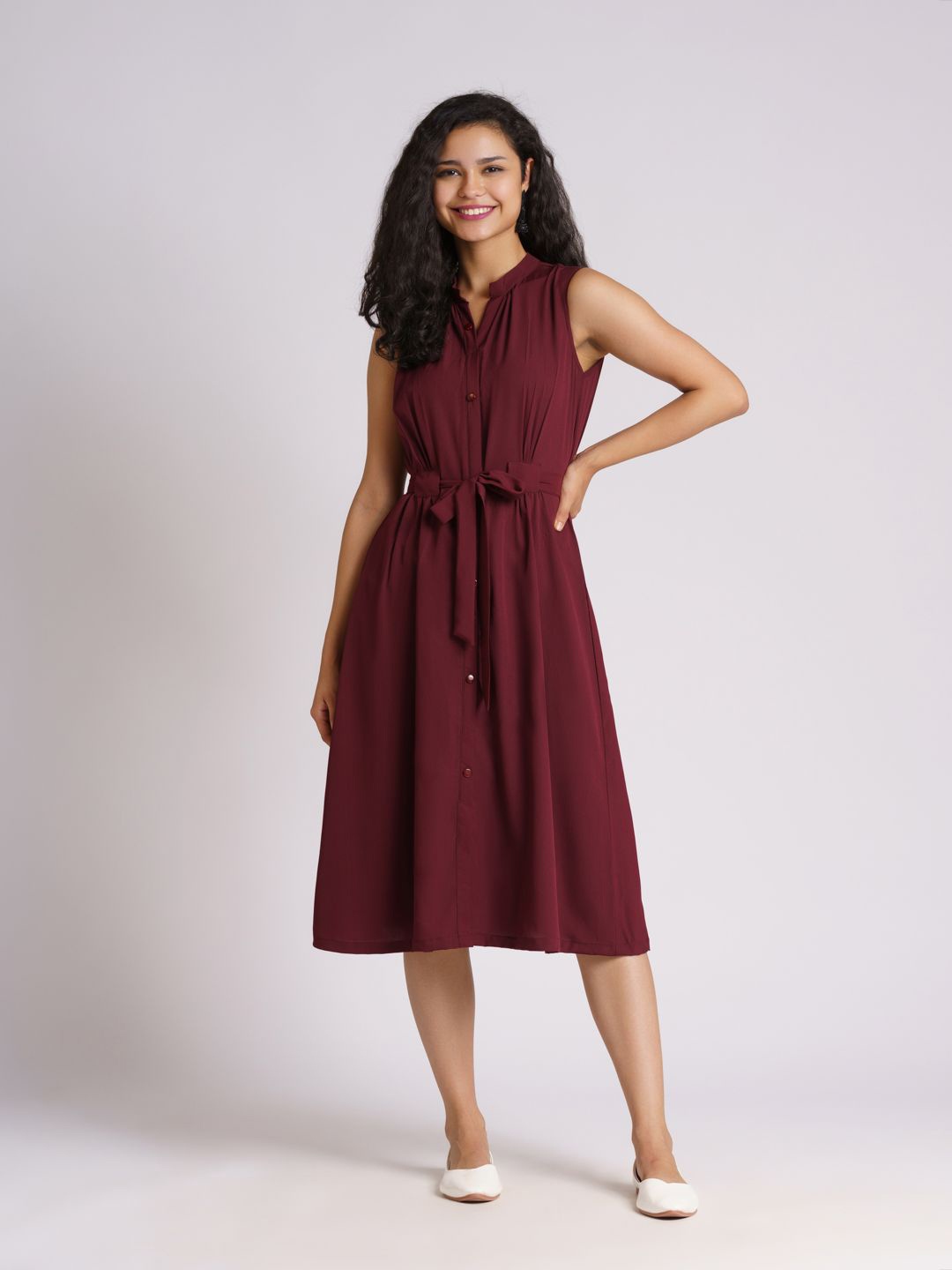 

AASK Maroon & ganache Crepe Shirt Midi Dress