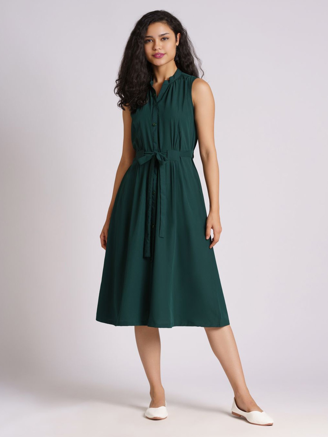 

AASK Green & ponderosa pine Crepe A-Line Midi Dress