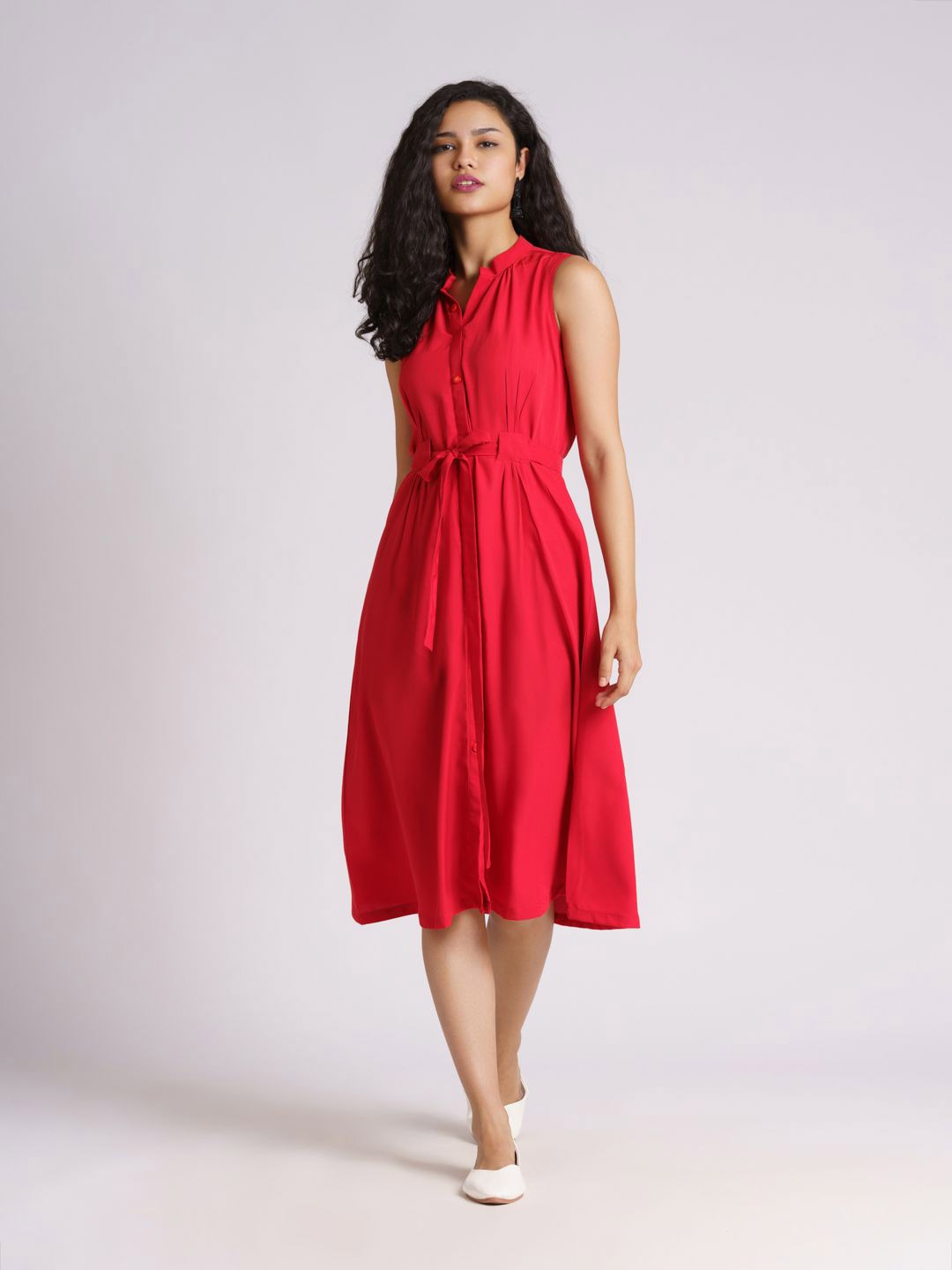 

AASK Women Red Crepe Shirt Midi Dress